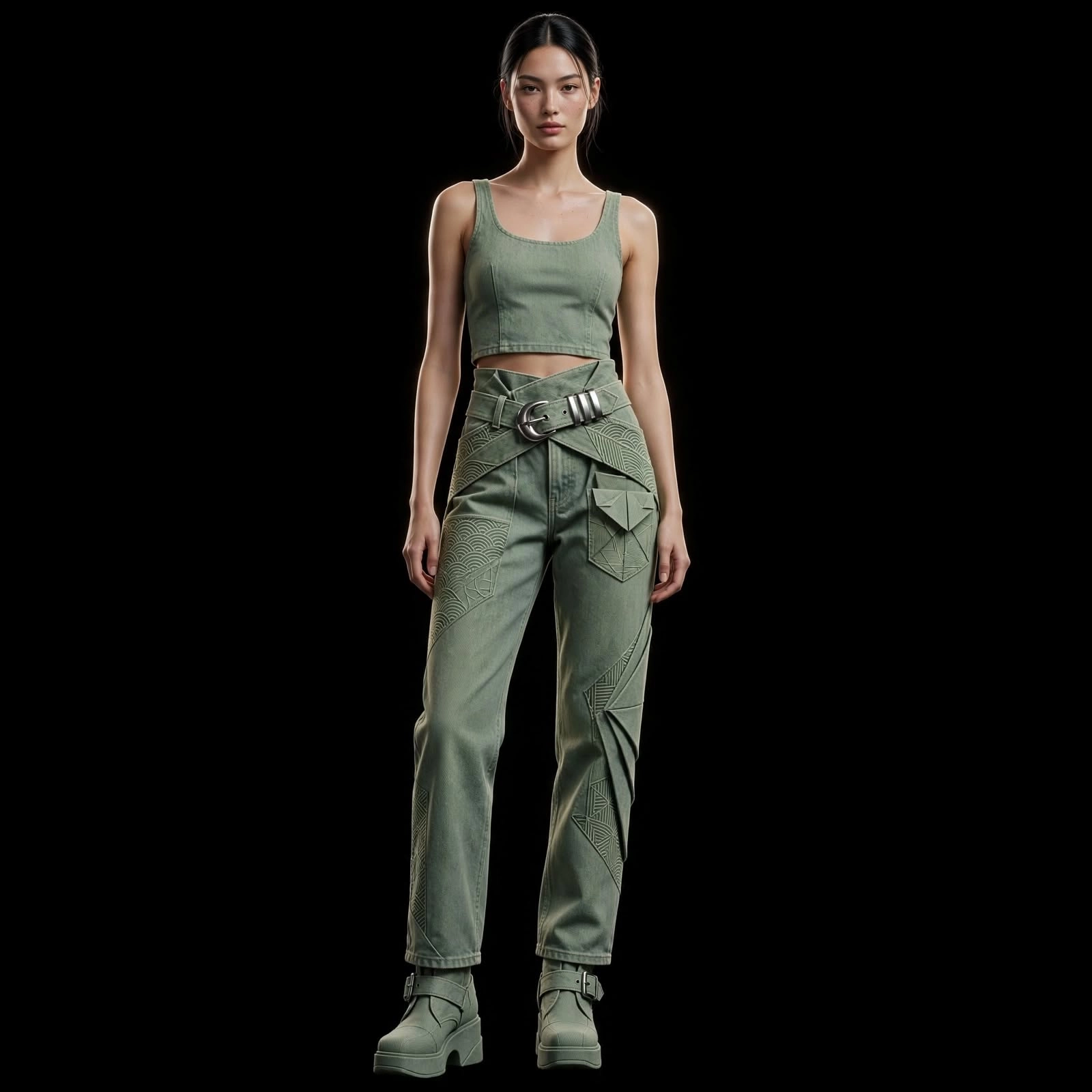 Women's Origami Patchwork Cropped Tank and Cargo Pant Set with Belt