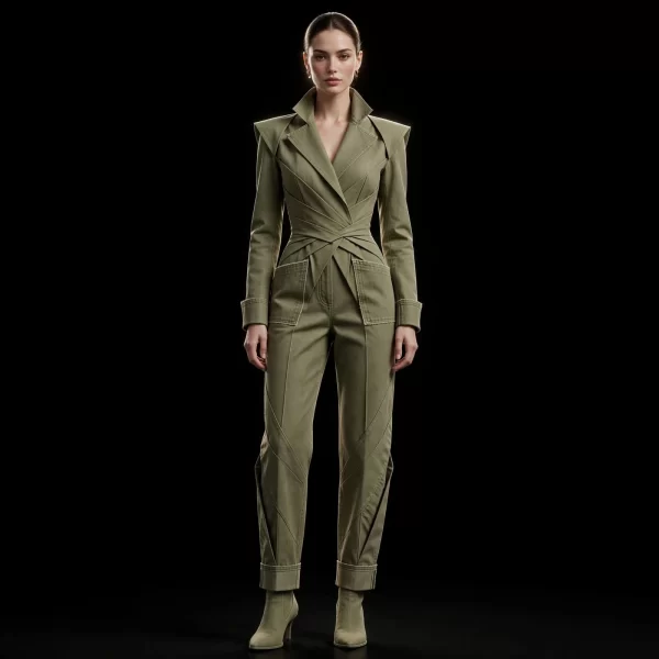Women's Wraparound Origami Blazer Jumpsuit with Pointed Shoulder and Cuffed Hem