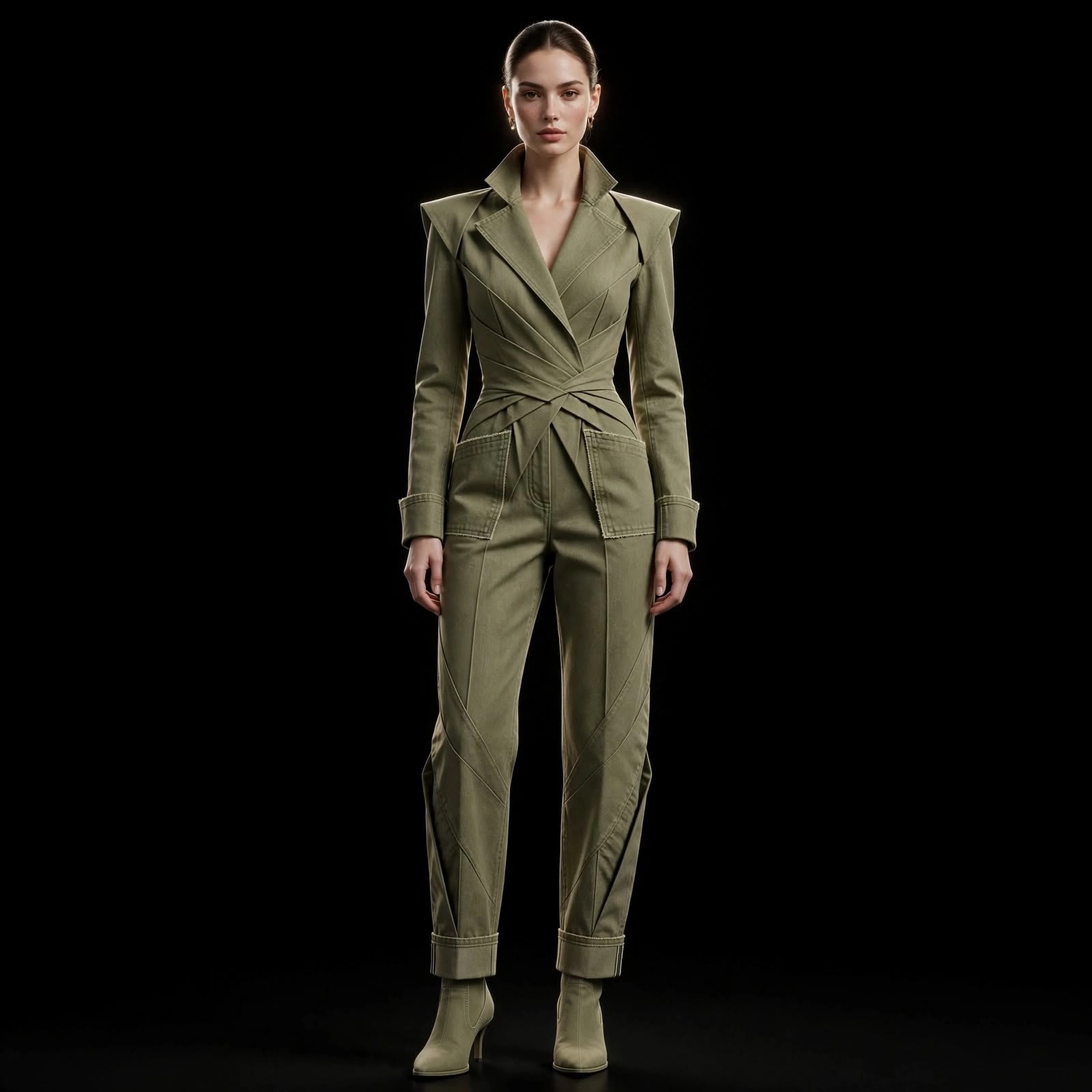 Women's Wraparound Origami Blazer Jumpsuit with Pointed Shoulder and Cuffed Hem