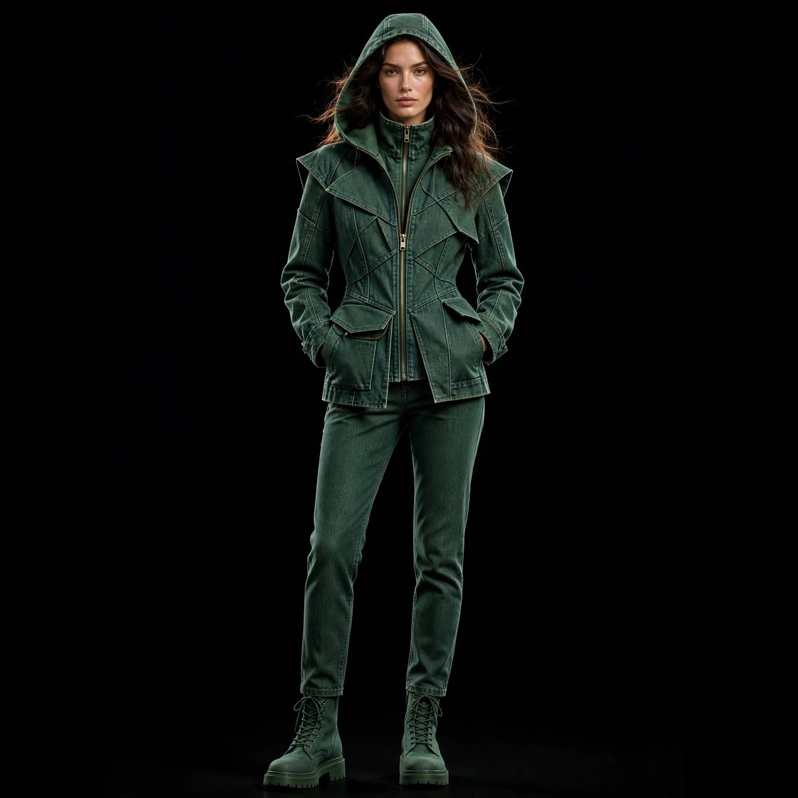 Women's Origami Hooded Zip-Up Moto Jacket with Cargo Skinny Pant Set