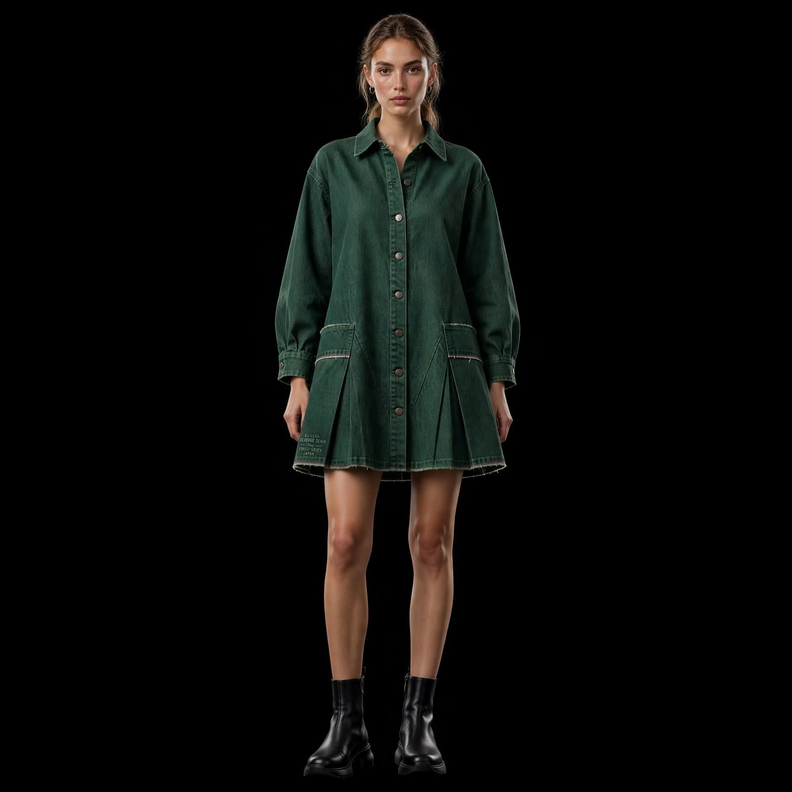 Women's Pleated A-Line Shirt Dress with Cargo Flap Pockets and Button Front