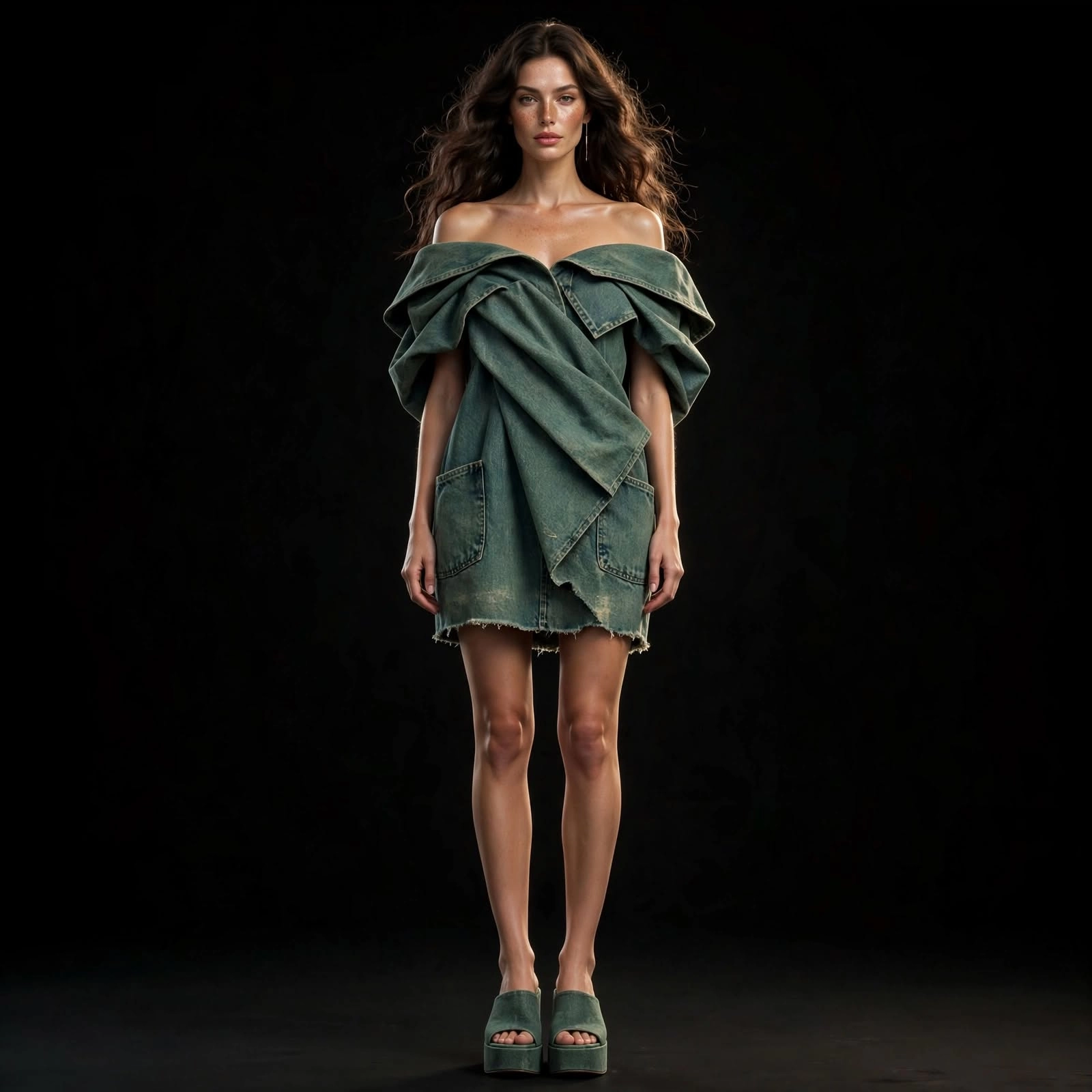 Women's Off-Shoulder Draped Denim Wrap Mini Dress With Frayed Edge
