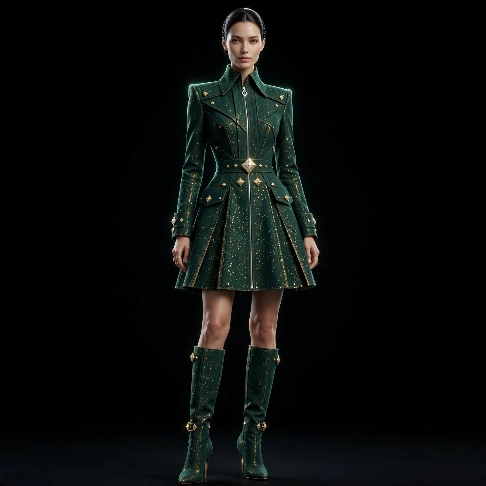 Women's Glitter Splattered Diamond Studded Zip Flare Blazer Mini Dress with Knee Boots