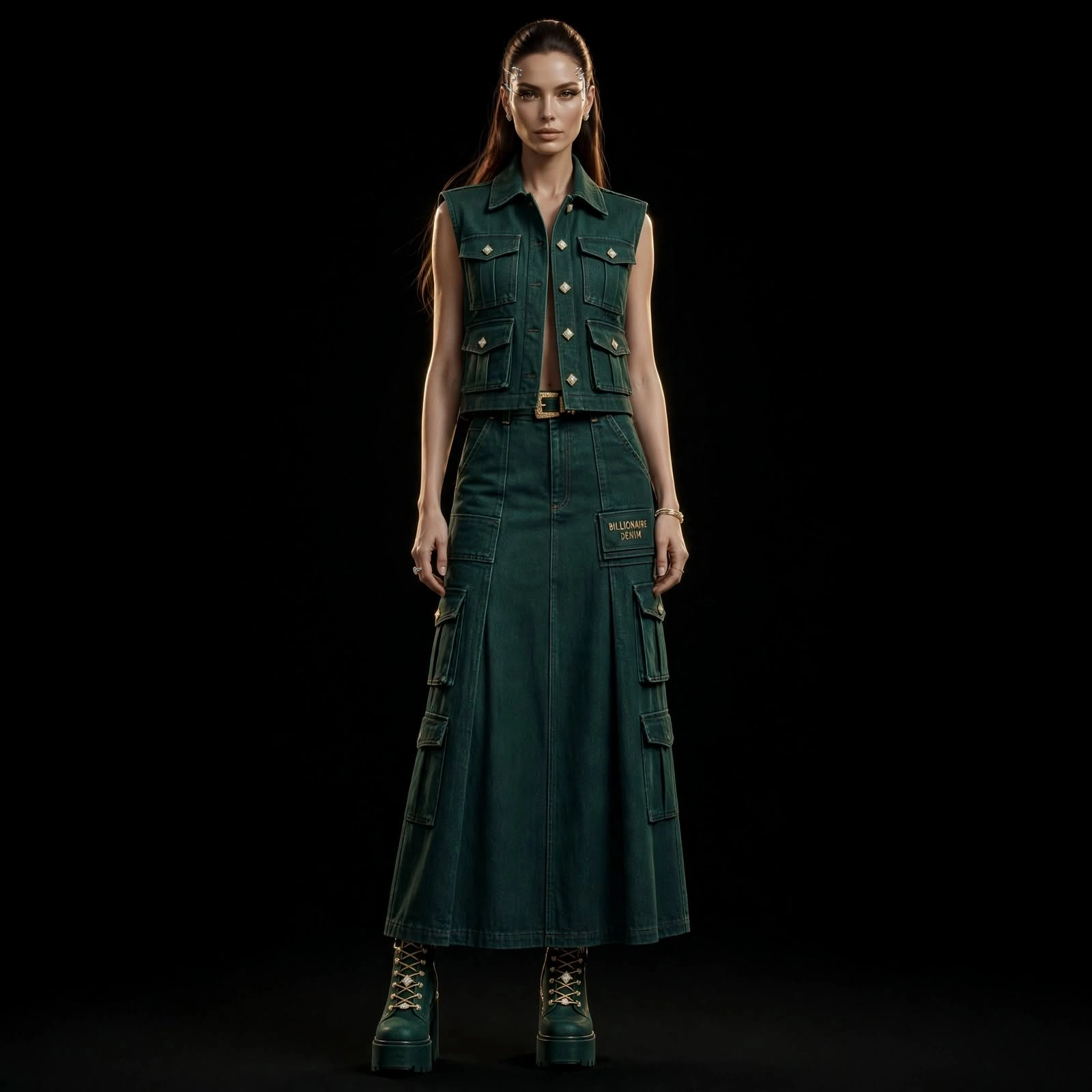 Women's Cargo Vest and Multi-Pocket Cargo Maxi Skirt Set With Billionaire Denim Patch