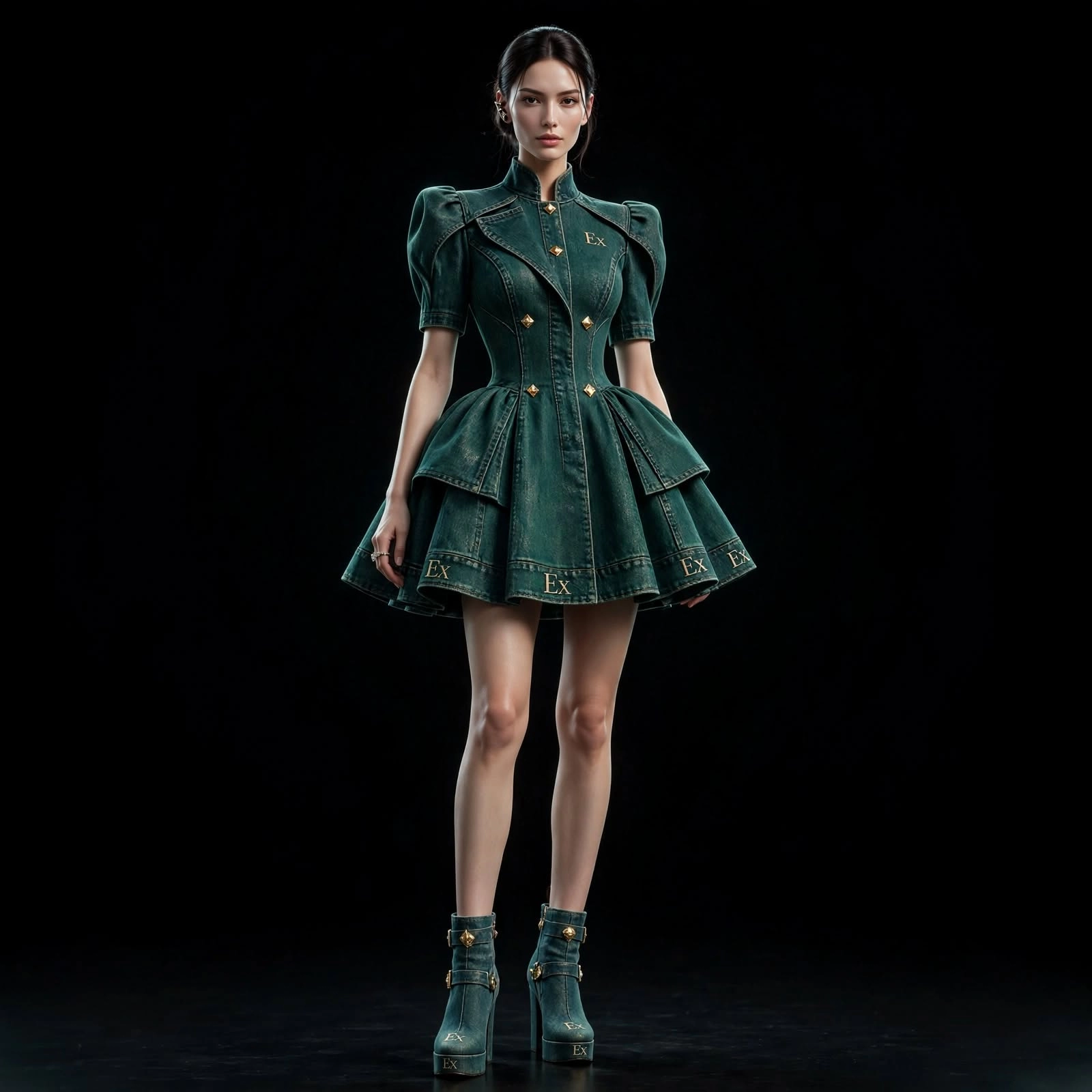 Women's Puff Shoulder Double-Layer Peplum Blazer Mini Dress with Ex Monogram Hem