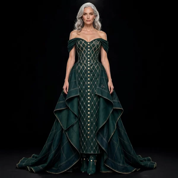 Women's Off-Shoulder Gold Lattice Corset Ball Gown with Draped Overskirt Train