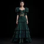 Women's Puff Sleeve Lace Corset and Five-Tier Ruffle Maxi Skirt Co-ord