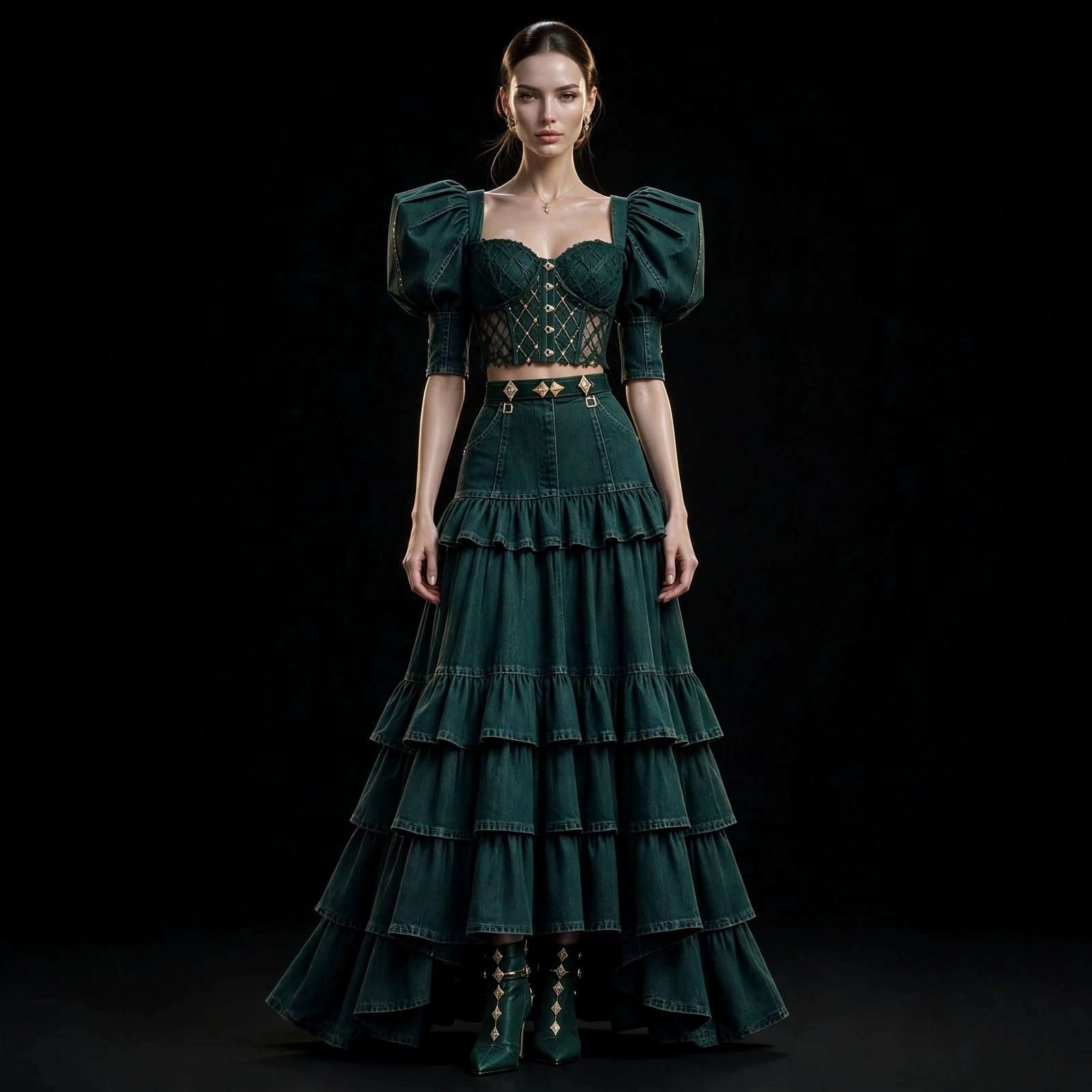 Women's Puff Sleeve Lace Corset and Five-Tier Ruffle Maxi Skirt Co-ord