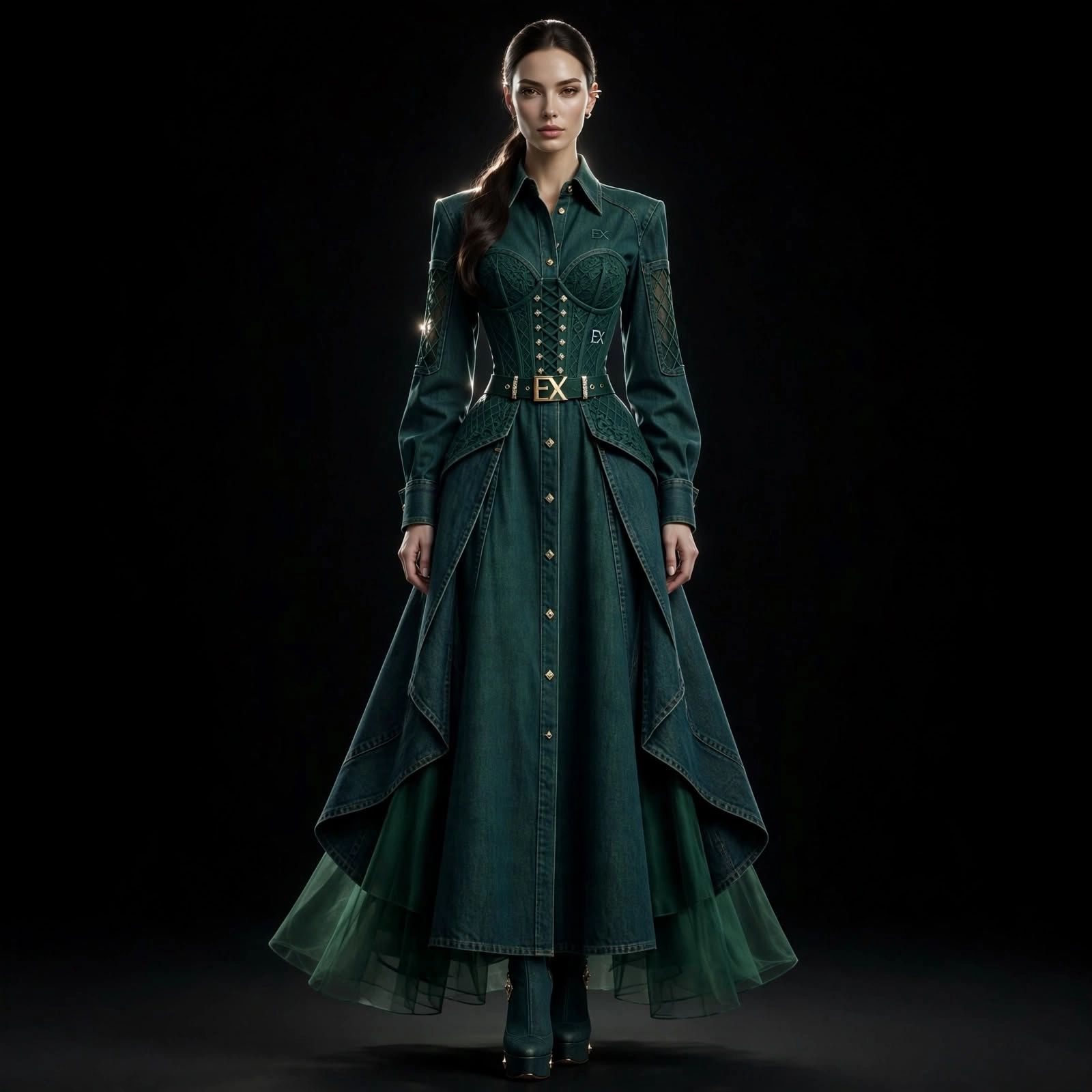 Women's Lace Corset Peplum Tailored Button Front Coat Dress with Tulle Train and EX Gold Belt