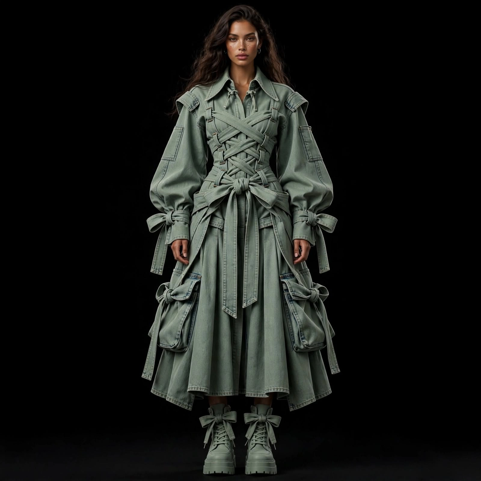 Women's Laced Corset Tie Bow Cargo Midi Dress with Bow Pockets