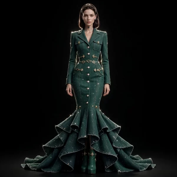 Women's Glitter Mermaid Fishtail Button Front Blazer Gown with Gold Belt Harness