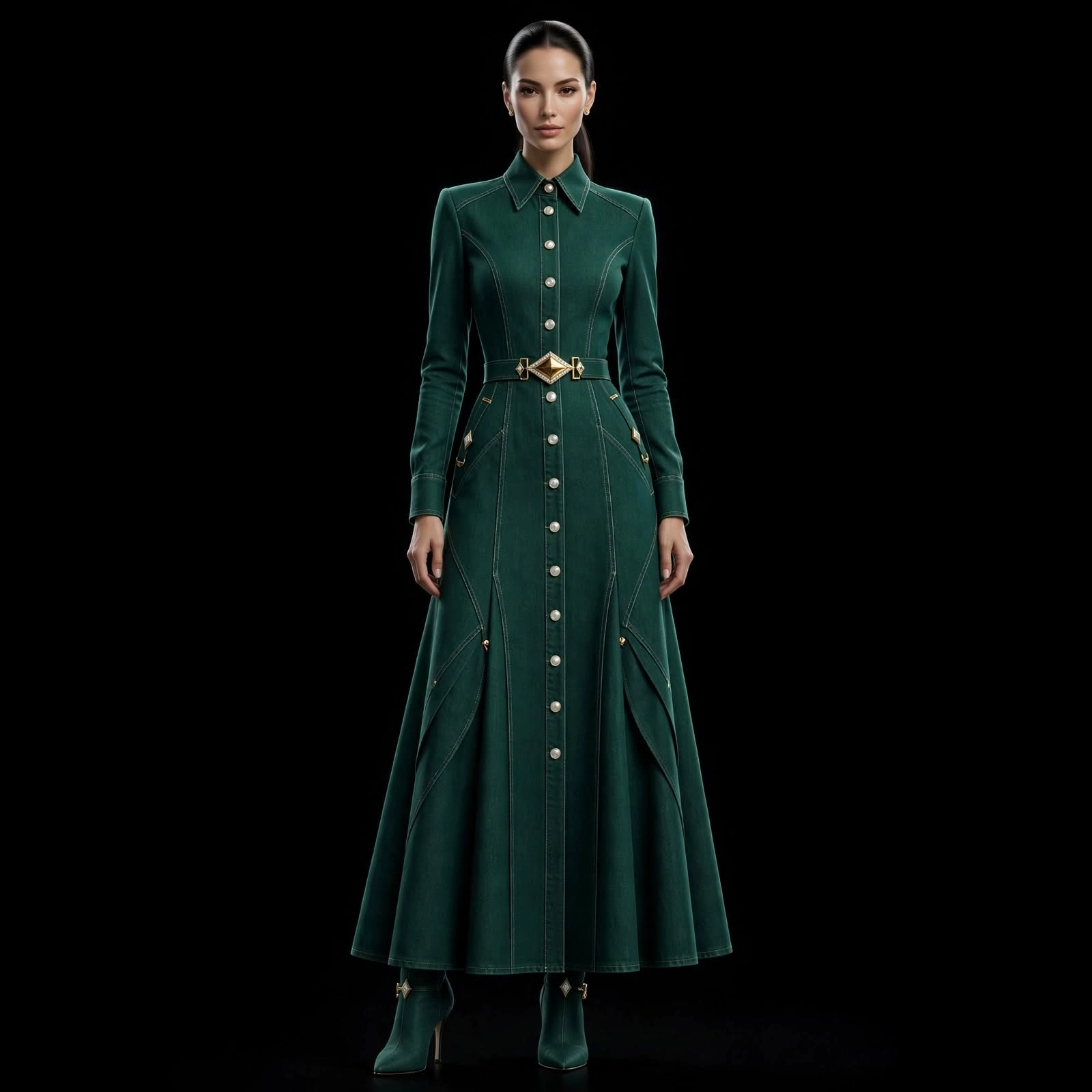Women's Long Sleeve Button-Front Tailored Flare Shirt Dress with Gold Diamond Buckle Belt