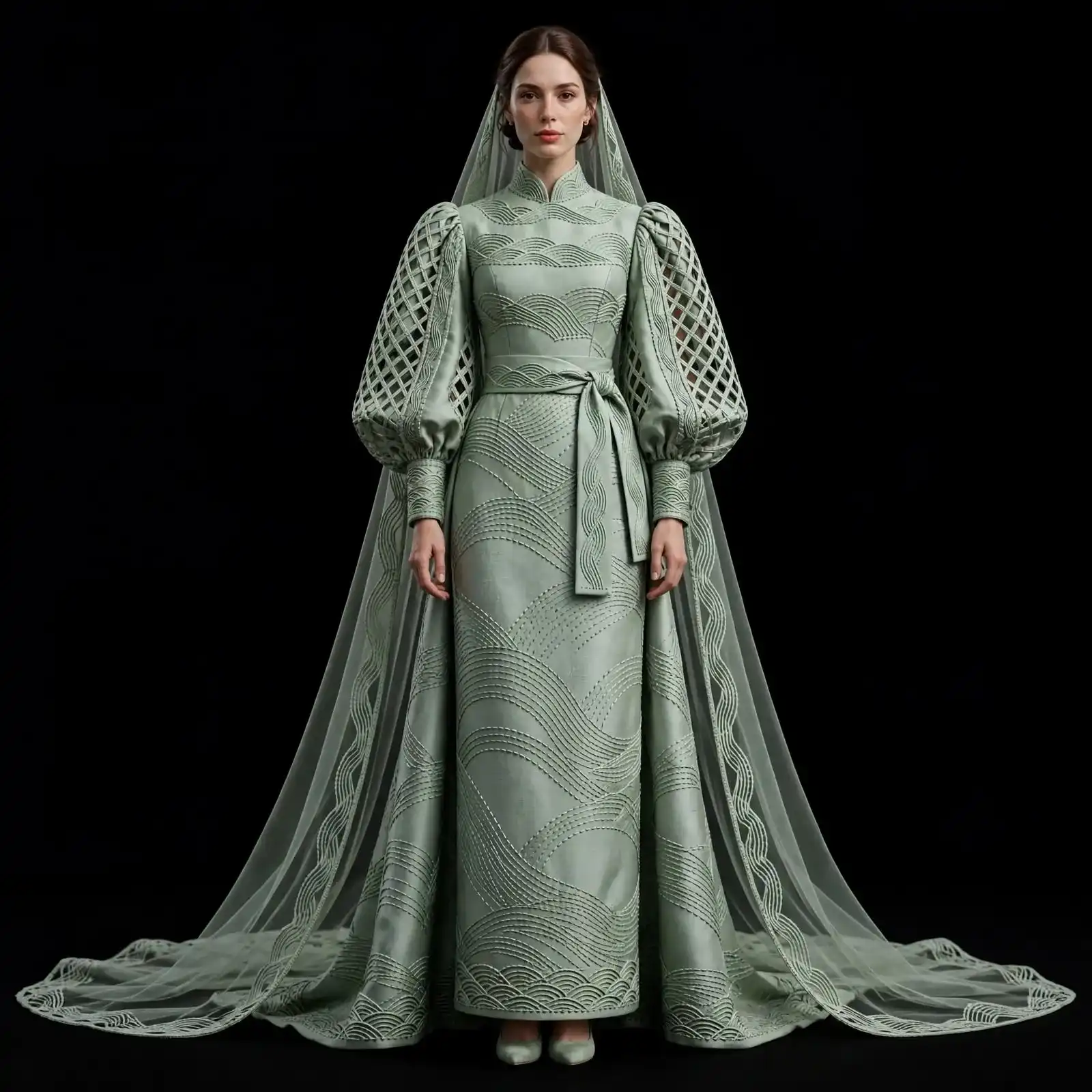 ExpensiveE Seafoam Wave Lattice High Neck Bishop Sleeve WeddingGown with Tie Belt