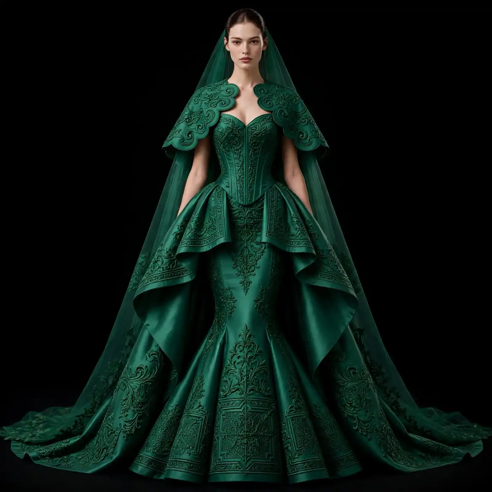 ExpensiveE Emerald Baroque Scallop Cape Corset Mermaid Wedding Gown with Baroque Veil