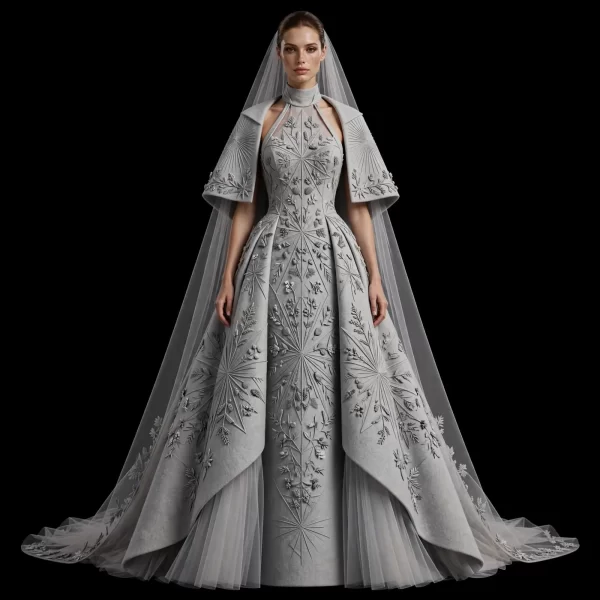 ExpensiveE  White High Neck Caped Swirl Baroque Architectural Mermaid Veil Gown