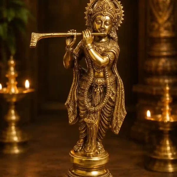 Krishna Flute Murli Brass Idol - Brass Lord Krishna Murli Manohar Flute Peacock Mukut Lotus Base