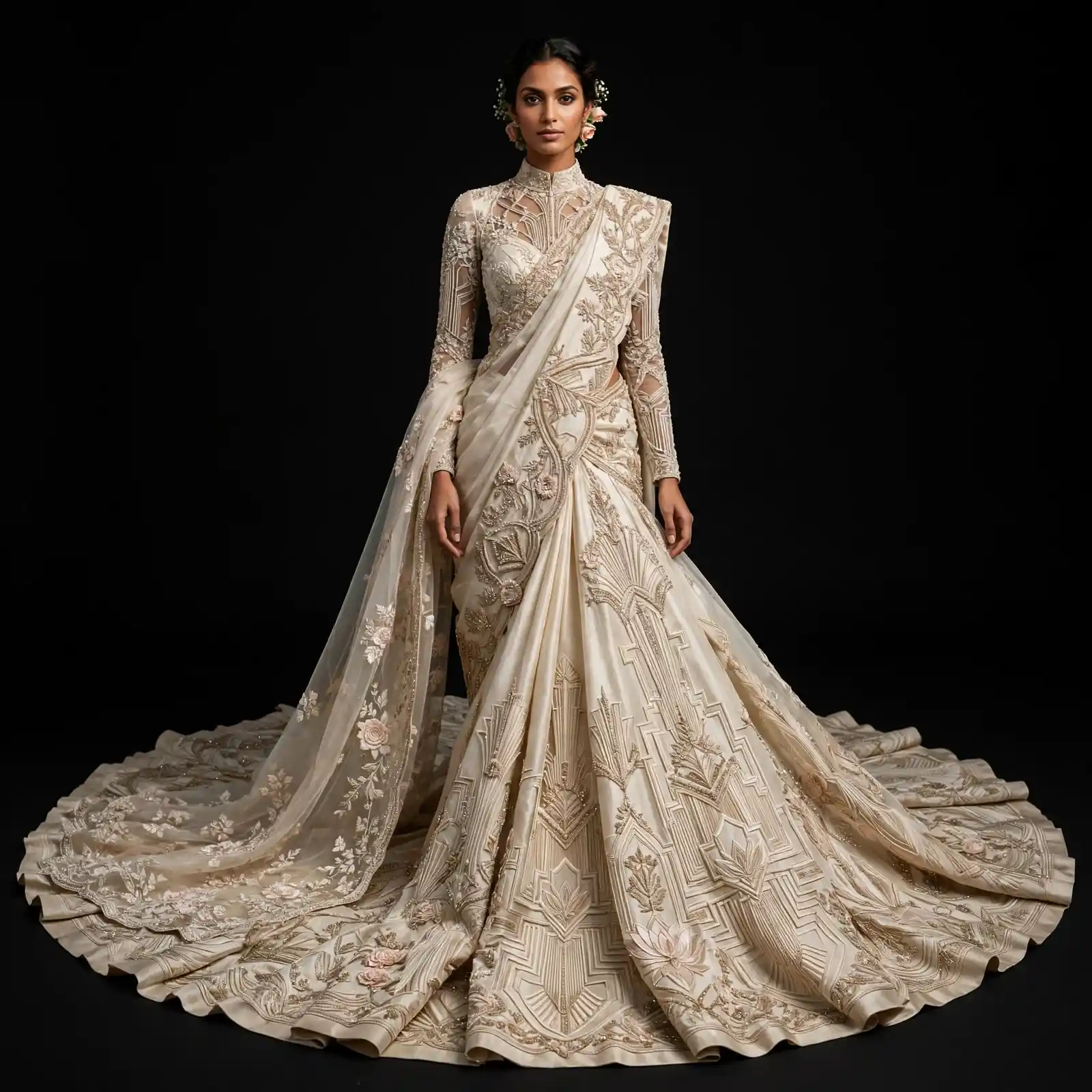 ExpensiveE White Topographic Wave Baroque Scallop Cape Mermaid BridalGown Glitch Edition