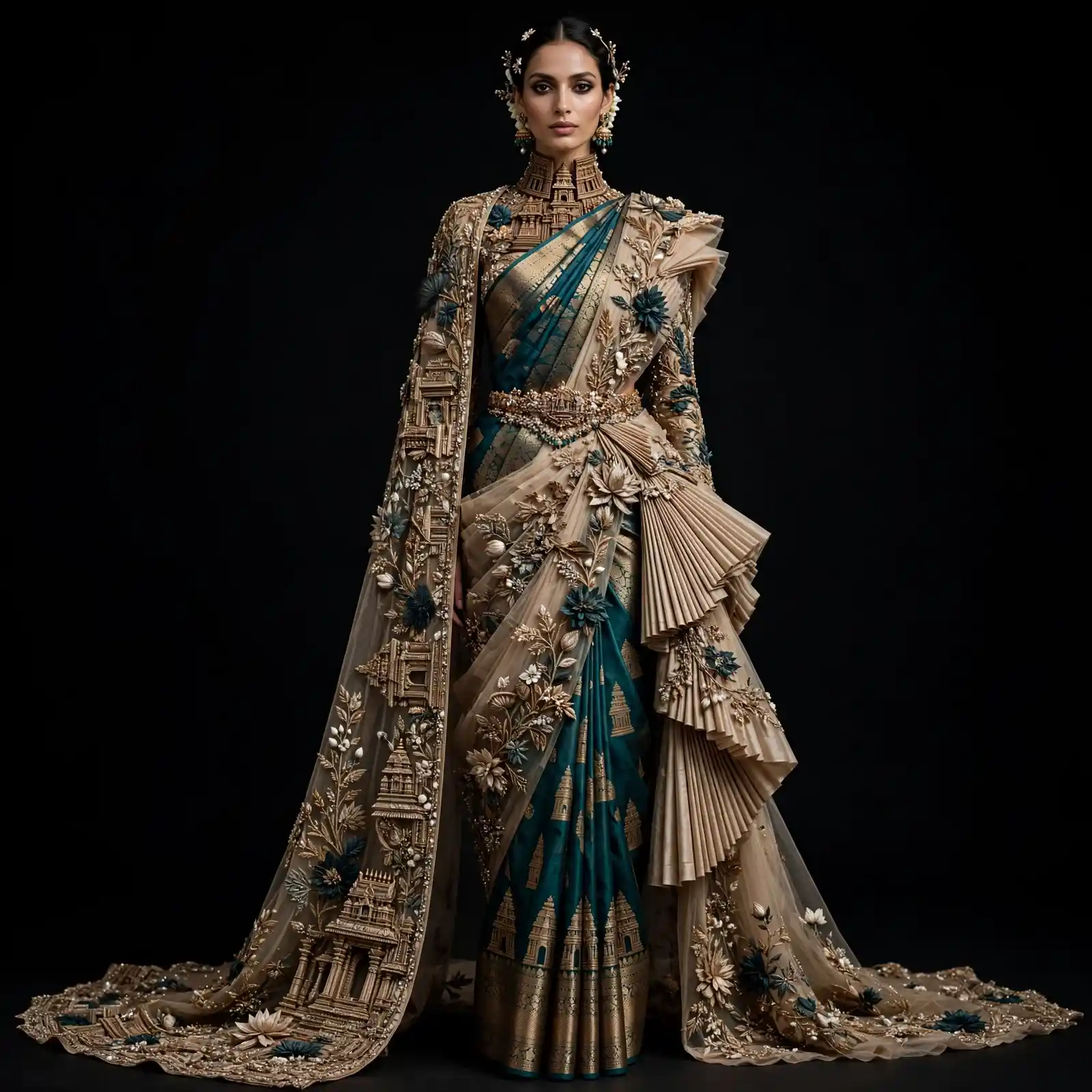 ExpensiveE Mauve Lavender Sculptural Ruffle Couture Bridal Saree