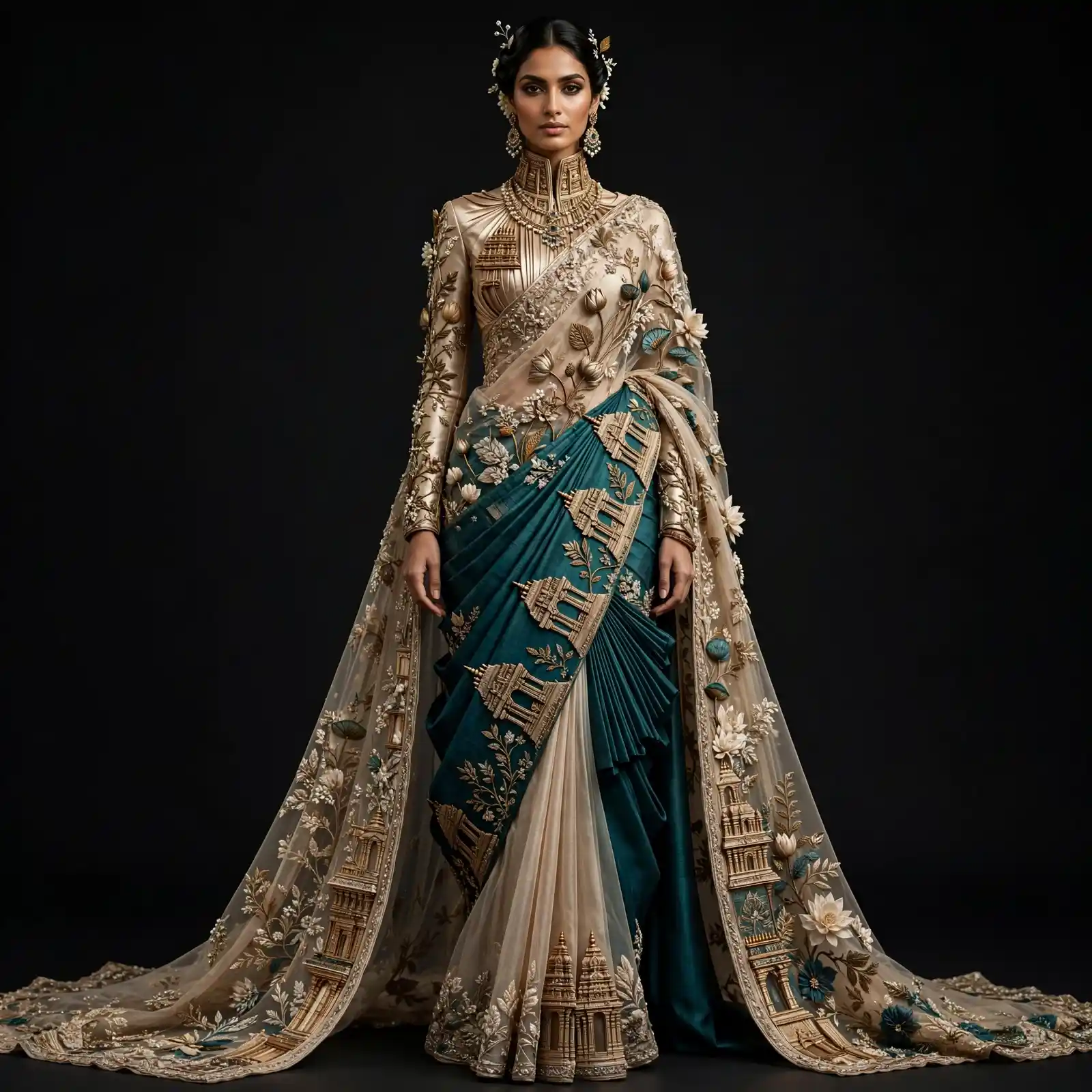 ExpensiveE Teal Beige Temple Gopuram Lotus Bridal Saree