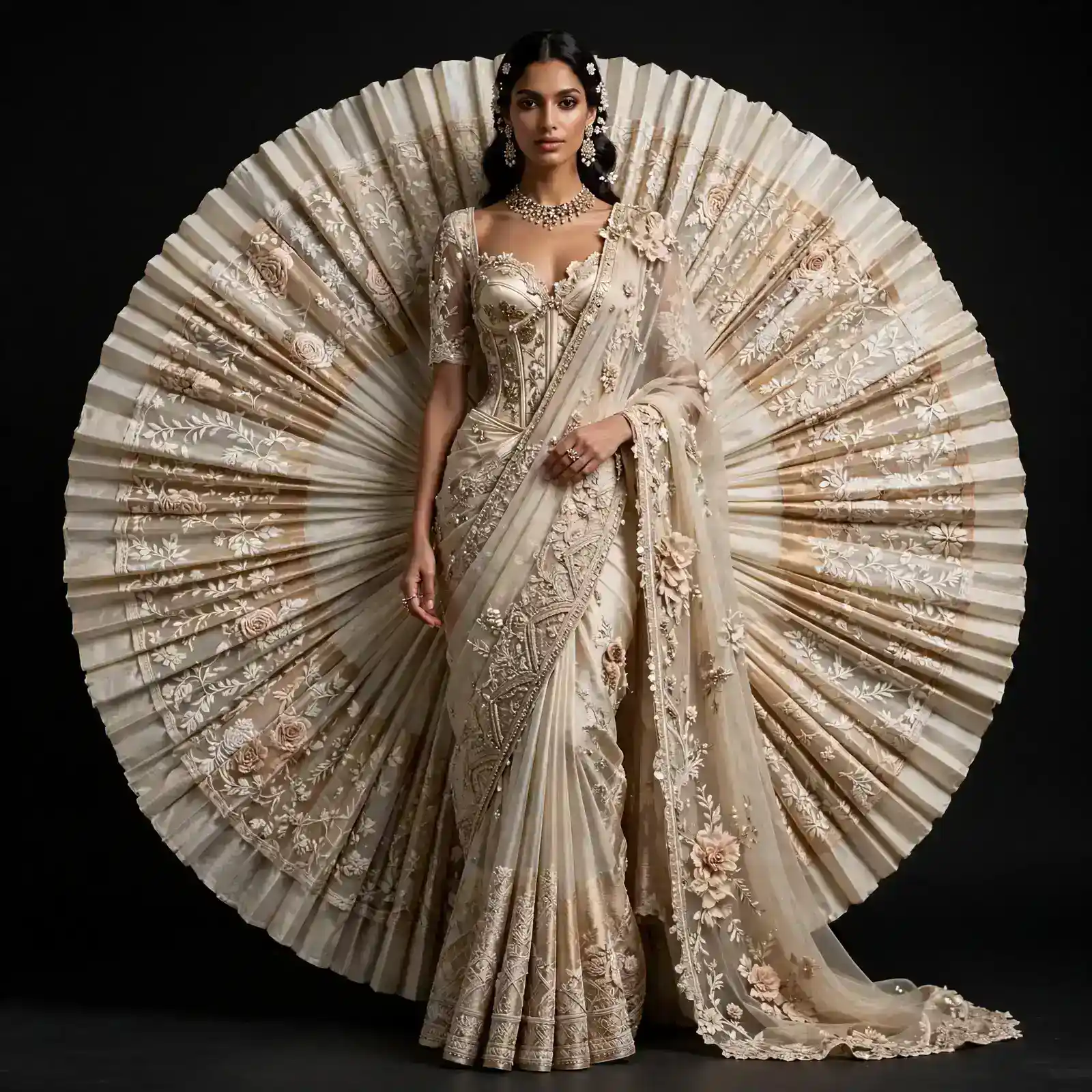 ExpensiveE Ivory Beige Art Deco Fan Circular Pleated Bridal Saree