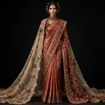 ExpensiveE  Rust Orange Mirror Floral Corset Cape Bridal Saree