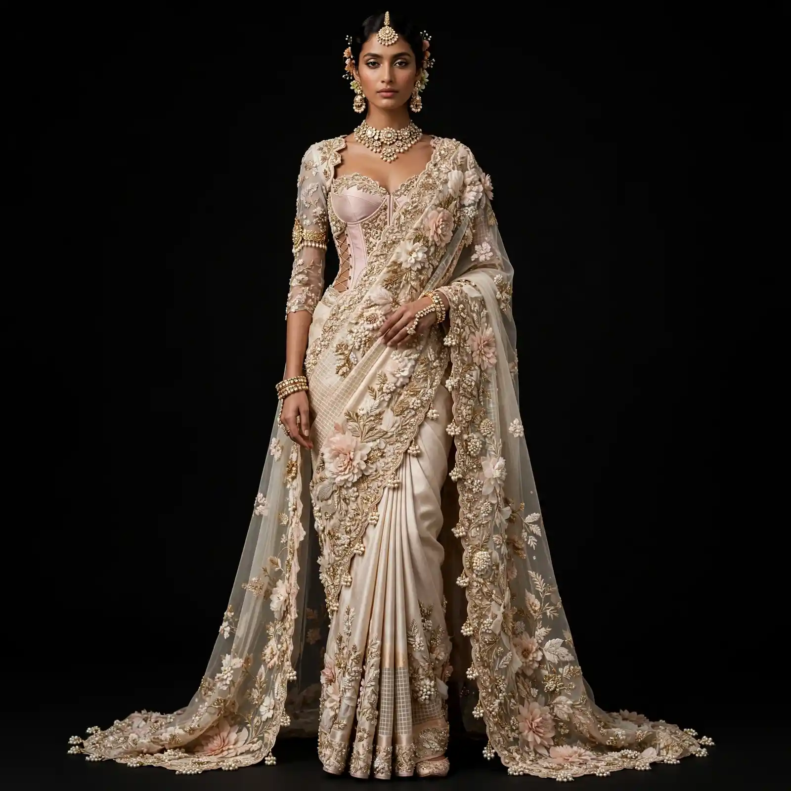 ExpensiveE Ivory Blush Pearl Garden Corset Bridal Saree