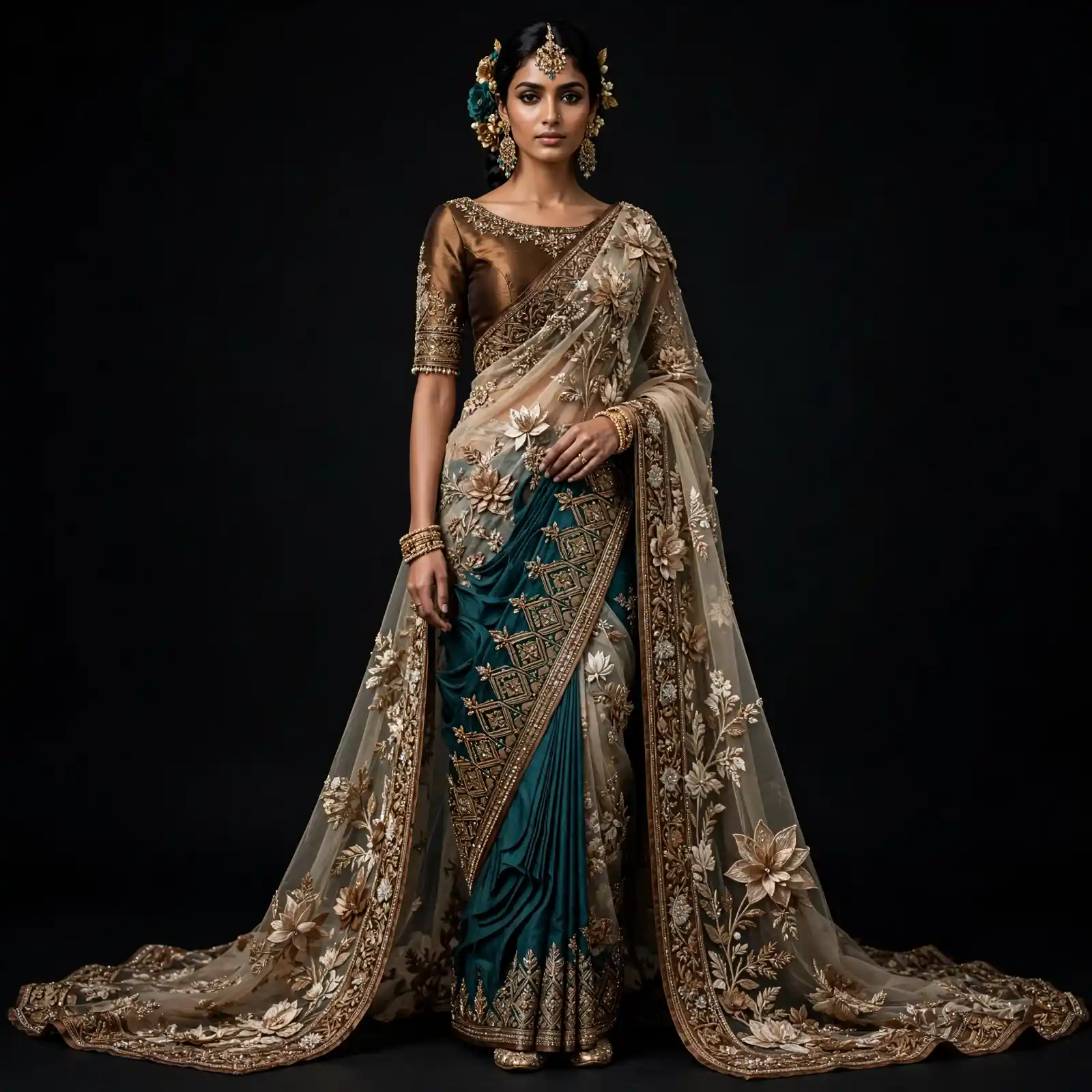 ExpensiveE Maroon Peacock Temple Fortress Architectural Couture Bridal Saree