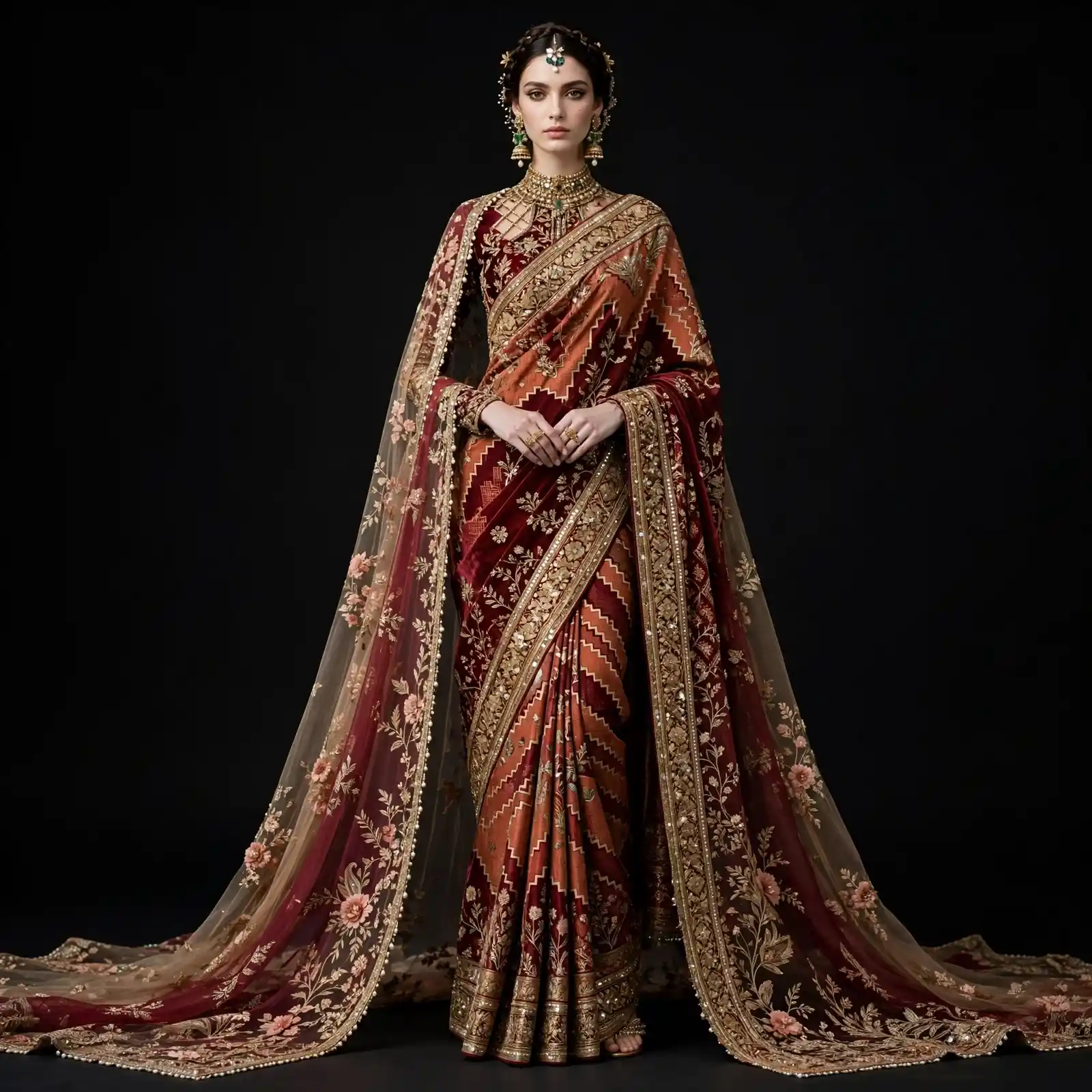 ExpensiveE Ivory White Rose Architectural Fan Pleat Couture Bridal Saree