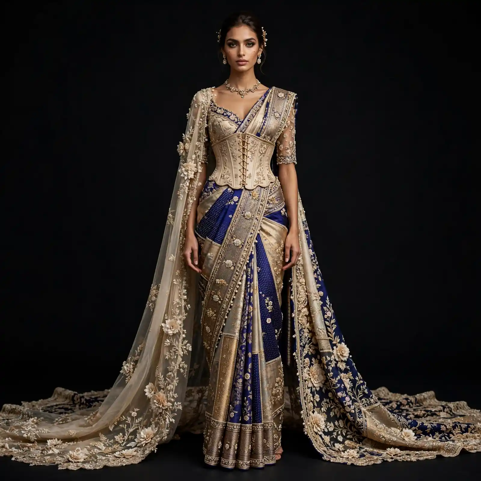 ExpensiveE Maroon Velvet Beige Mirror Diamond Royal Bridal Saree