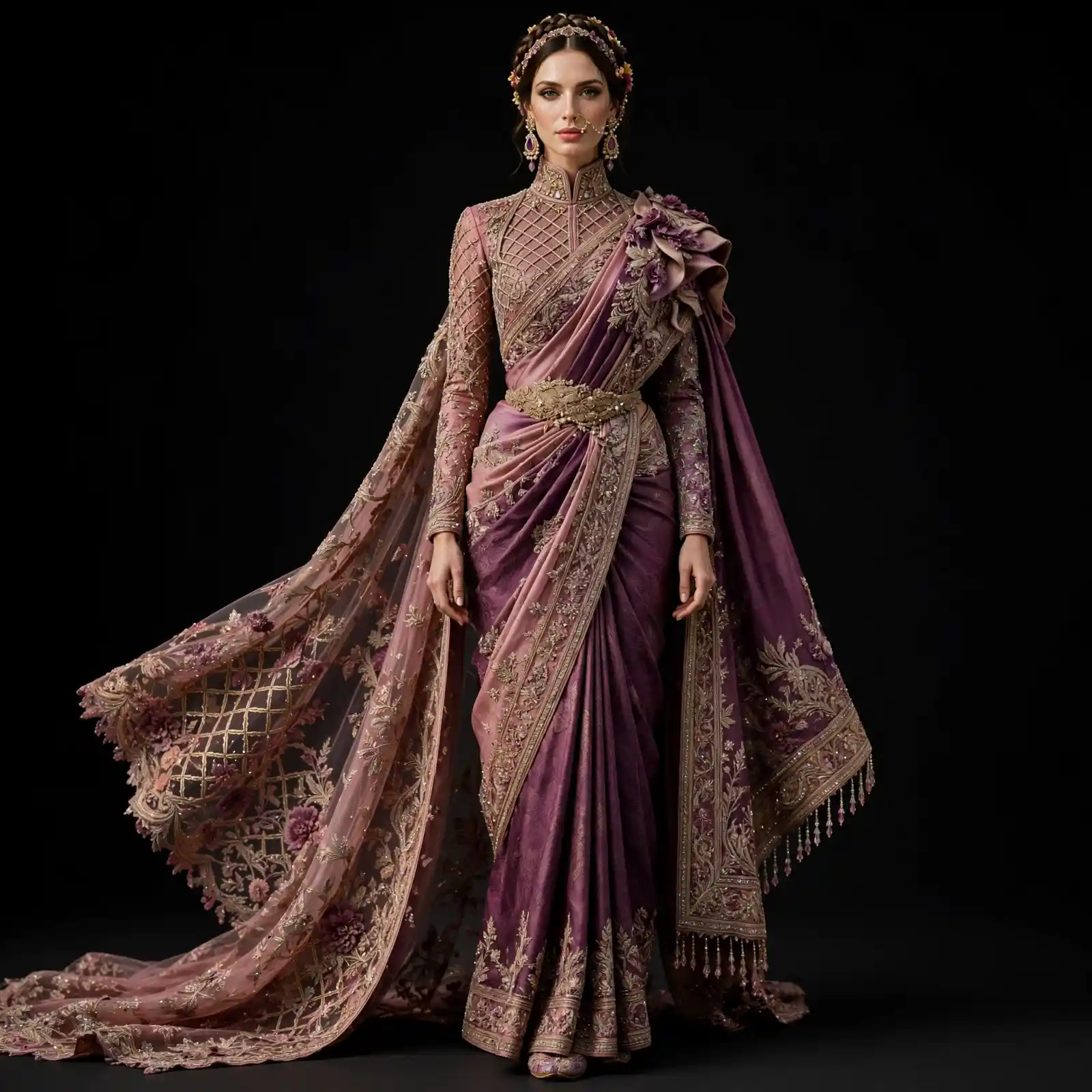 ExpensiveE Maroon Beige Mirror Rose Flared Royal Bridal Saree