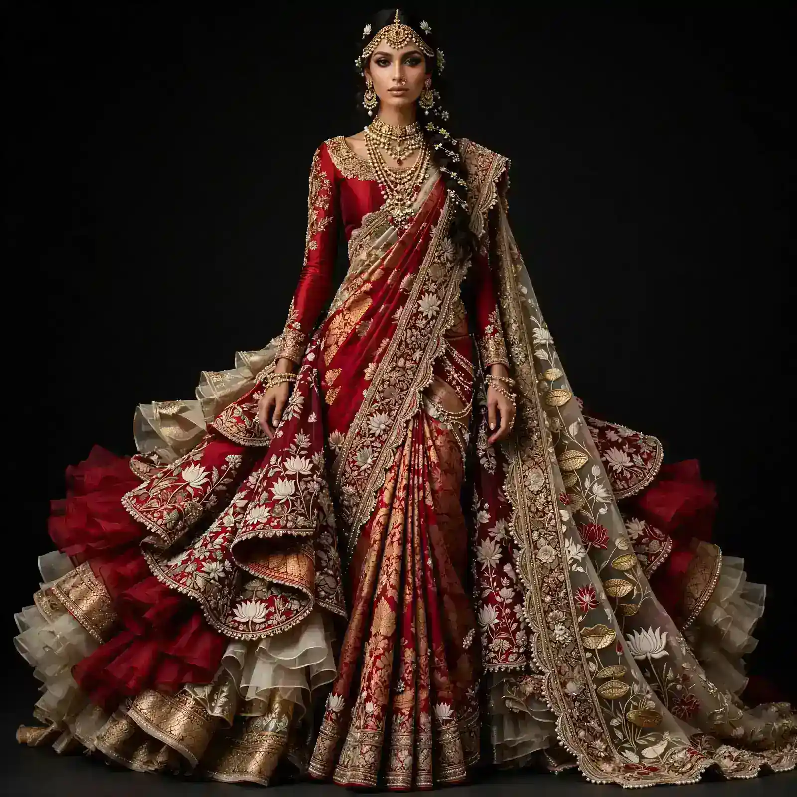 ExpensiveE Crimson Red Ivory Lotus Ruffle Tiered Bridal Saree with Gold Brocade