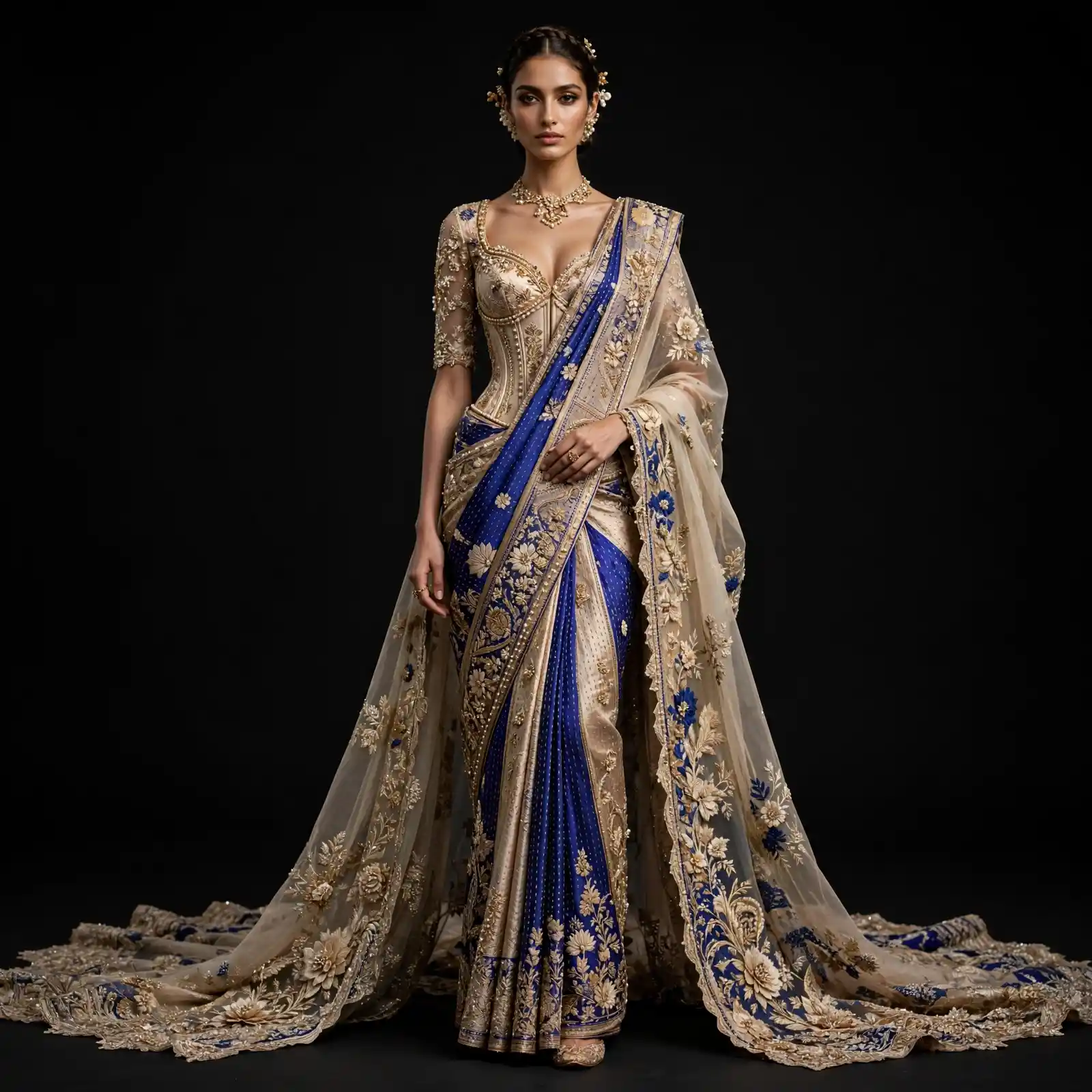 ExpensiveE Royal Blue Ivory Gold Lotus Corset Bridal Saree with Double Scalloped Veil