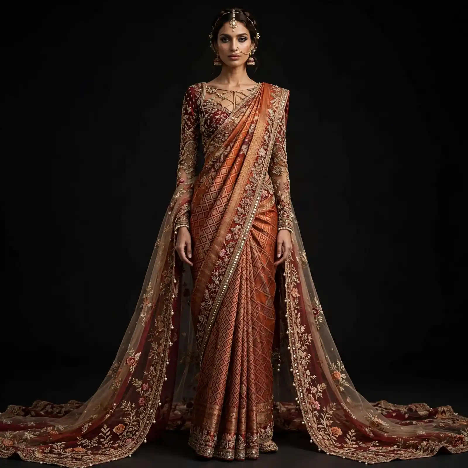 ExpensiveE Rust Copper Diamond Grid Floral Lace Bridal Saree