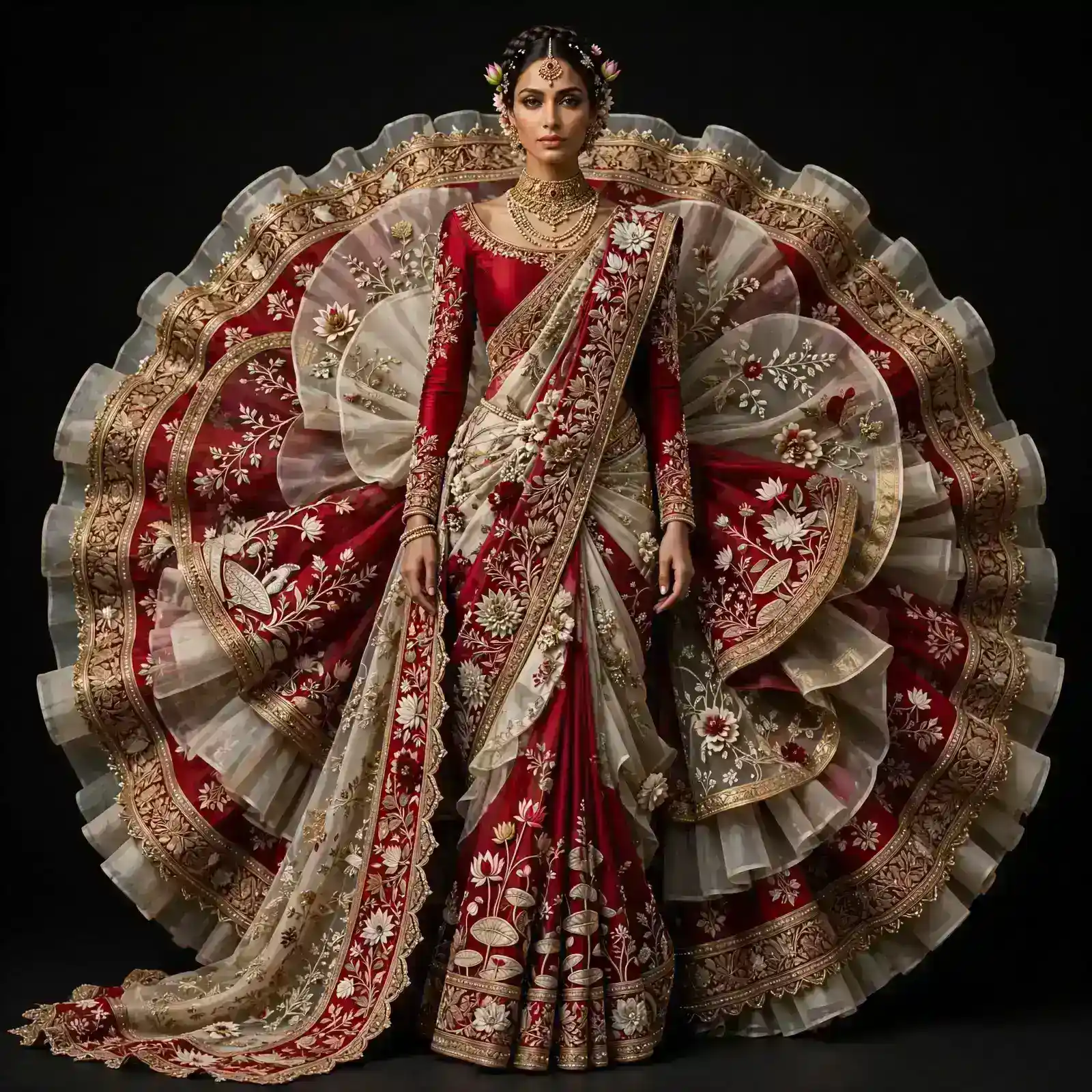 ExpensiveE Red Ivory Lotus Fan Ruffle Circular Bridal Saree