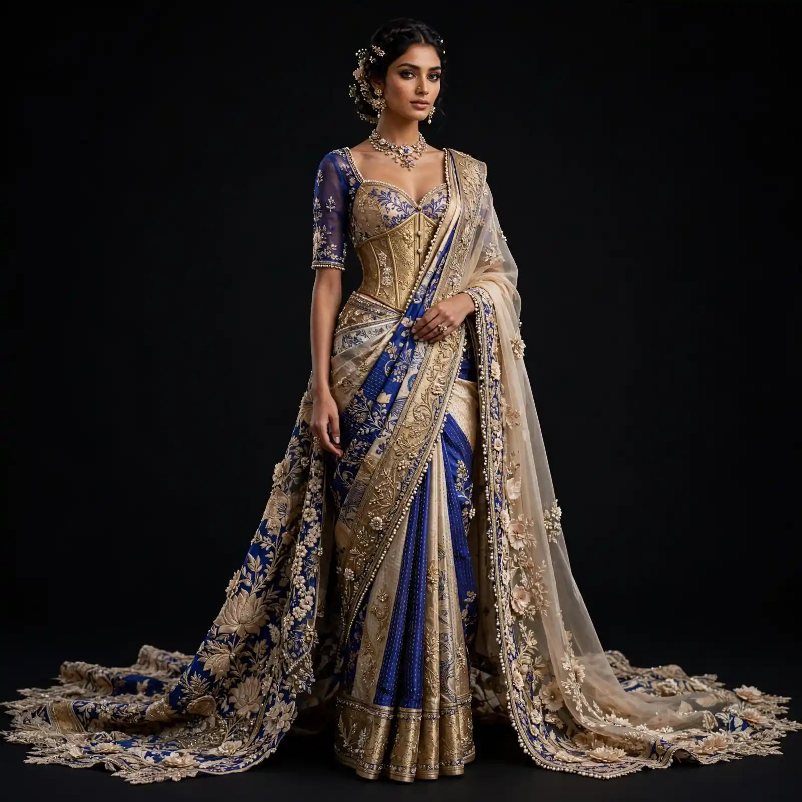 ExpensiveE Beige Maroon Gold Mirror Belt Couture Bridal Saree