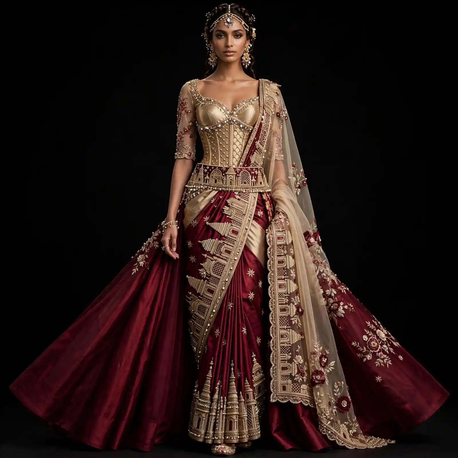 ExpensiveE Burgundy Gold Temple Gopuram Stars Corset Bridal Saree