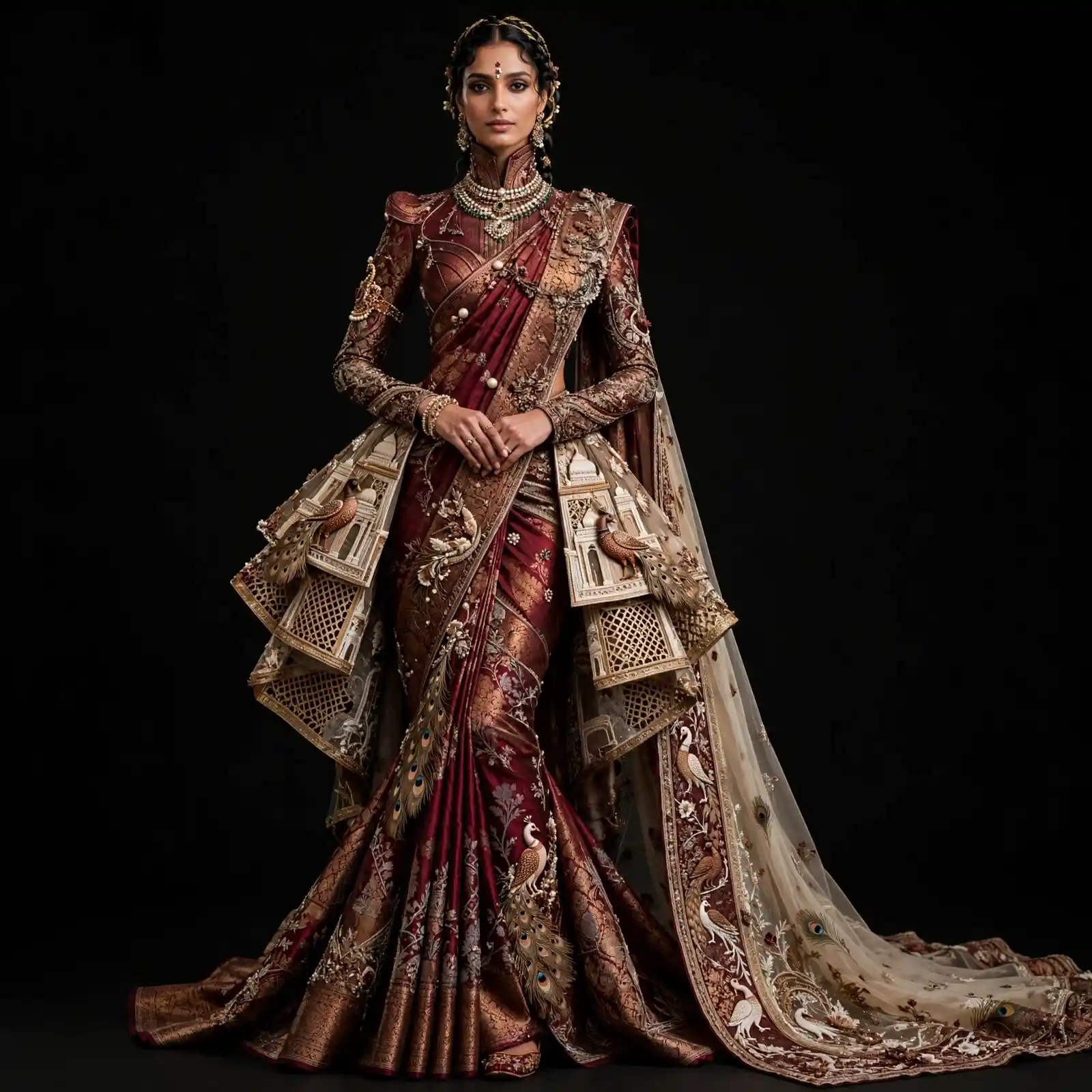 ExpensiveE Burgundy Peacock Palace Sculpted Peplum Bridal Saree