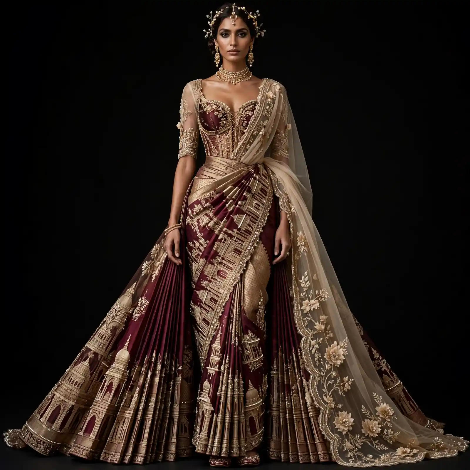 ExpensiveE Maroon Gold Temple Gopuram Pleated Palace Bridal Saree