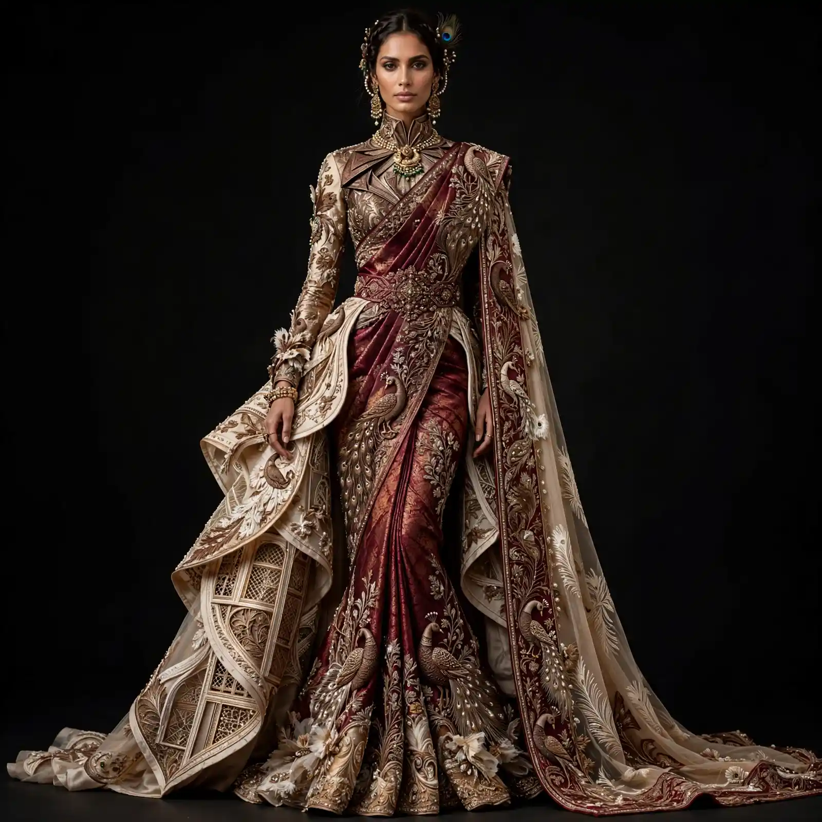 ExpensiveE Maroon Ivory Peacock Jharokha Palace Peplum Bridal Saree