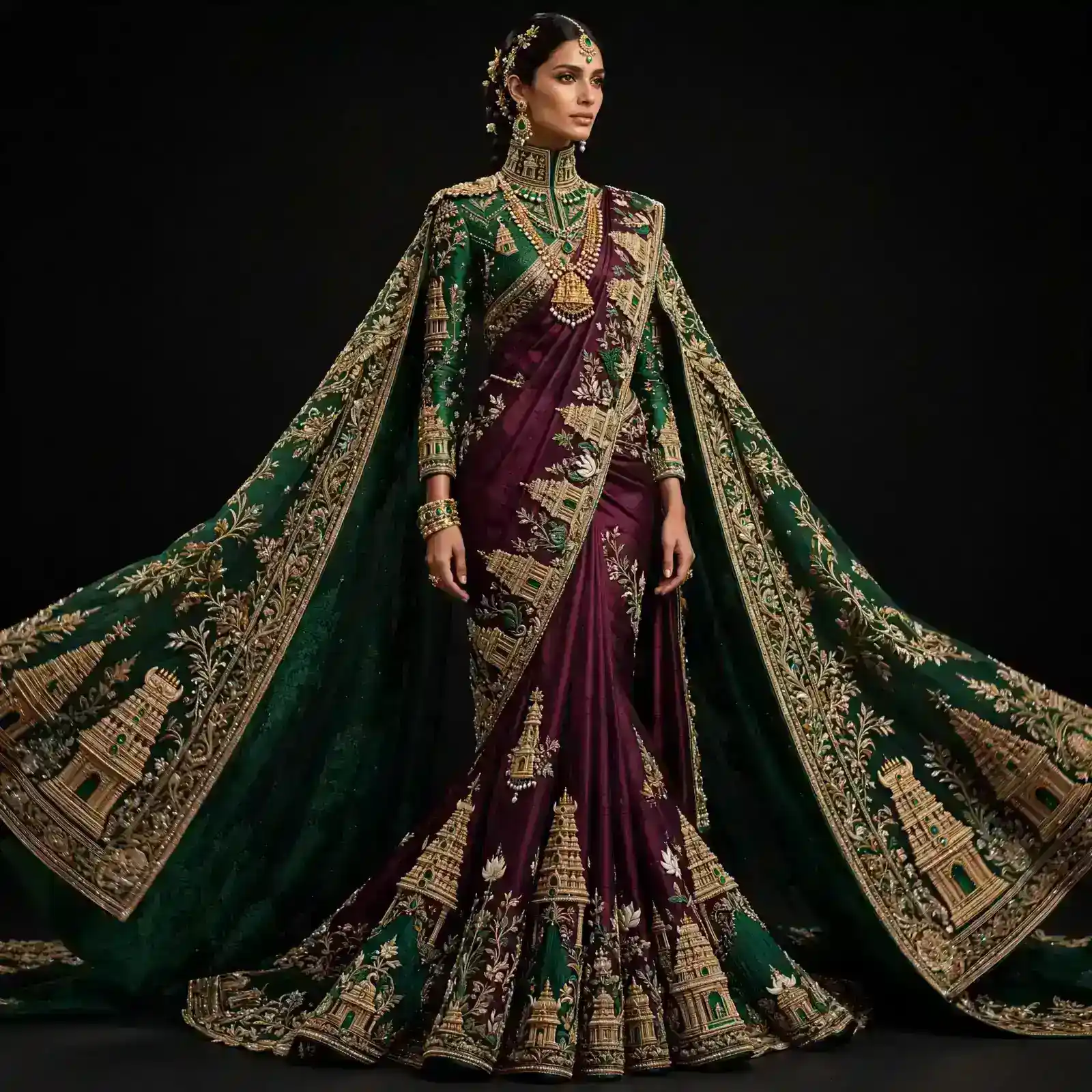 ExpensiveE Emerald Green Maroon Gold Temple Gopuram Dual Cape Bridal Saree