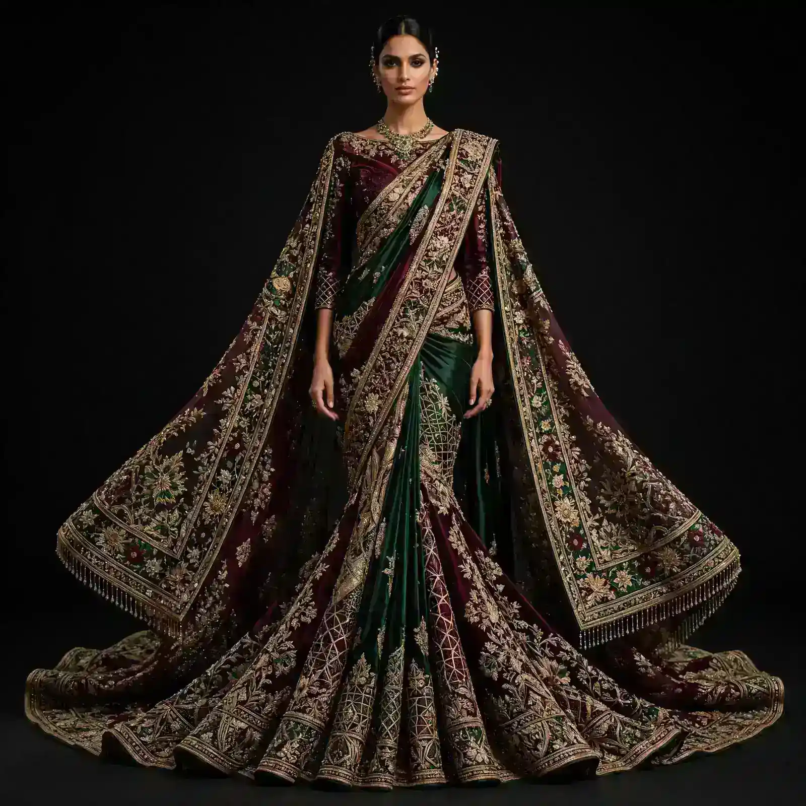 ExpensiveE Emerald Maroon Gold Lotus Temple Cape Mermaid Bridal Saree with Double Pallu