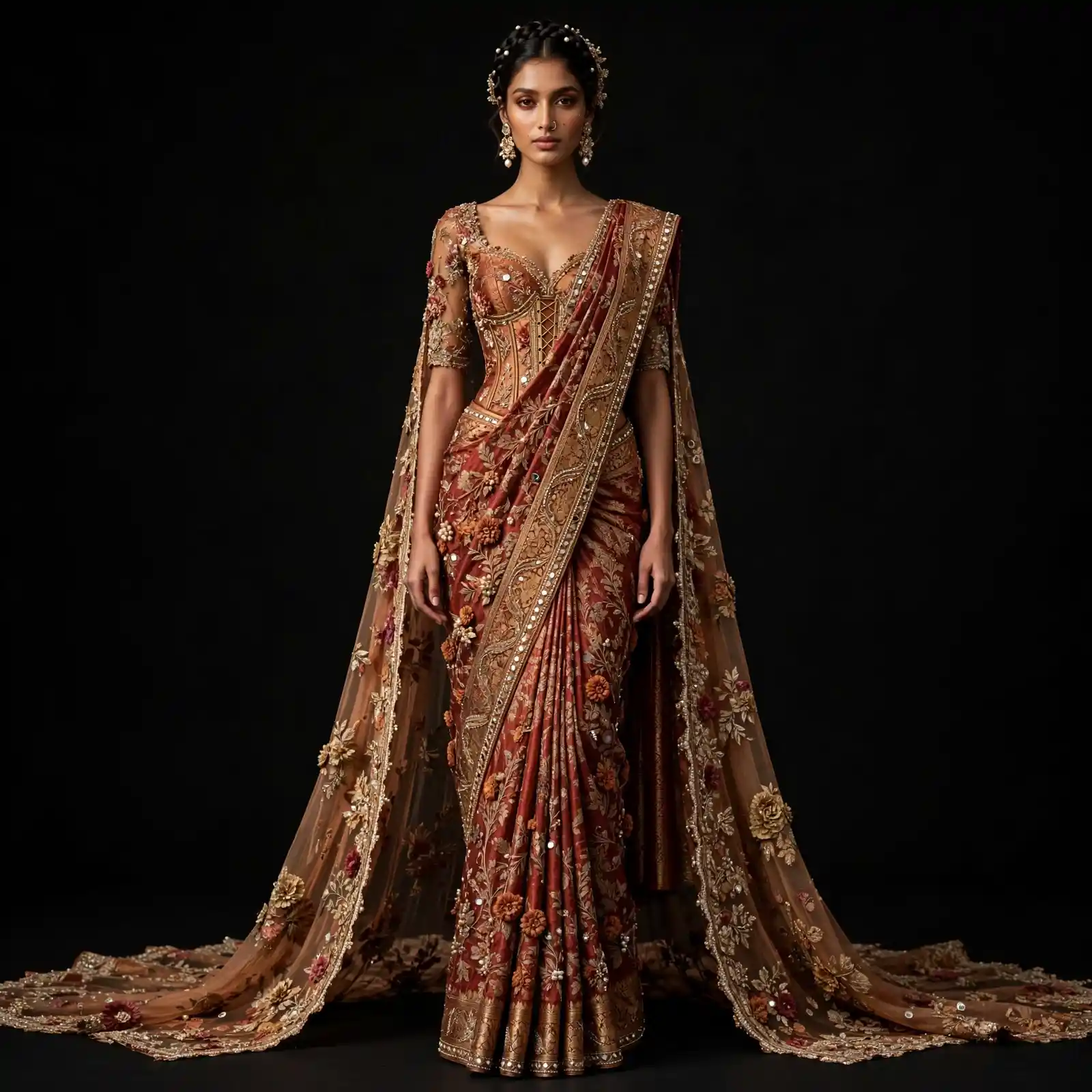 ExpensiveE Rust Terracotta Floral Corset Mirror Mermaid Bridal Saree with Dual Cathedral Cape