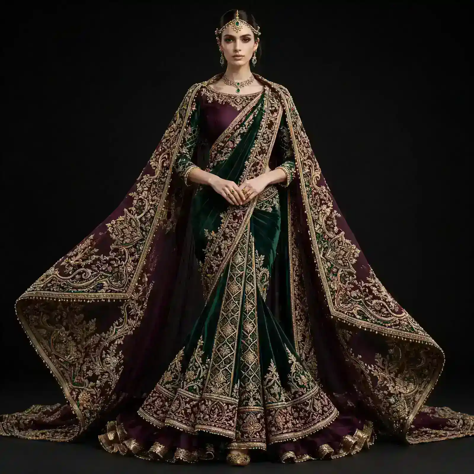 ExpensiveE Emerald Plum Gold Baroque Cape Temple Gopuram Bridal Saree with Dual Veil