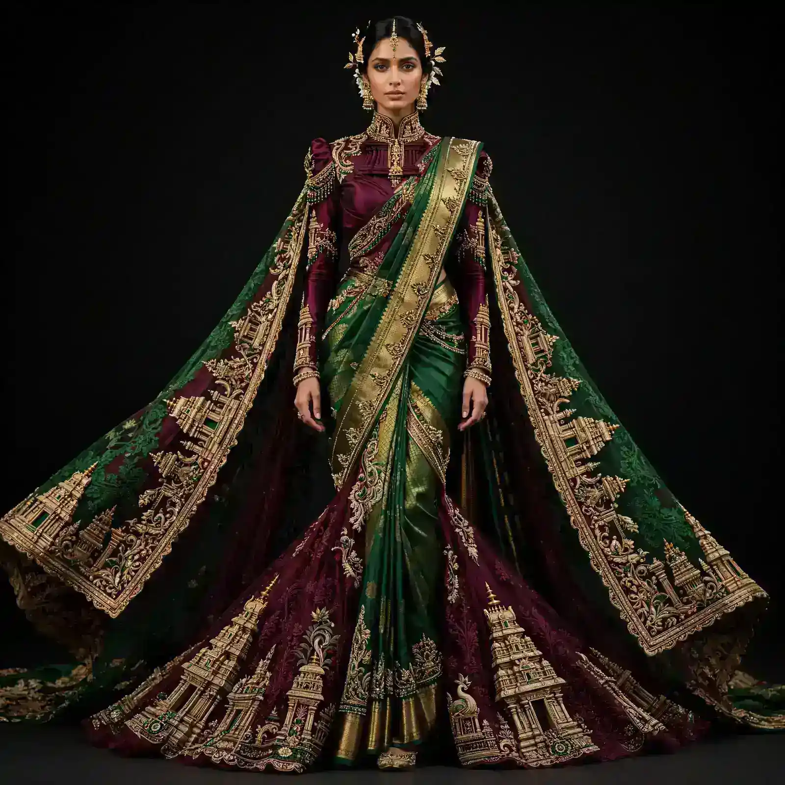 ExpensiveE Emerald Maroon Gold Castle Temple Gopuram Cathedral Cape Bridal Saree