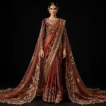 ExpensiveE  Burgundy Rust Mirror Floral Dual Cape Bridal Saree