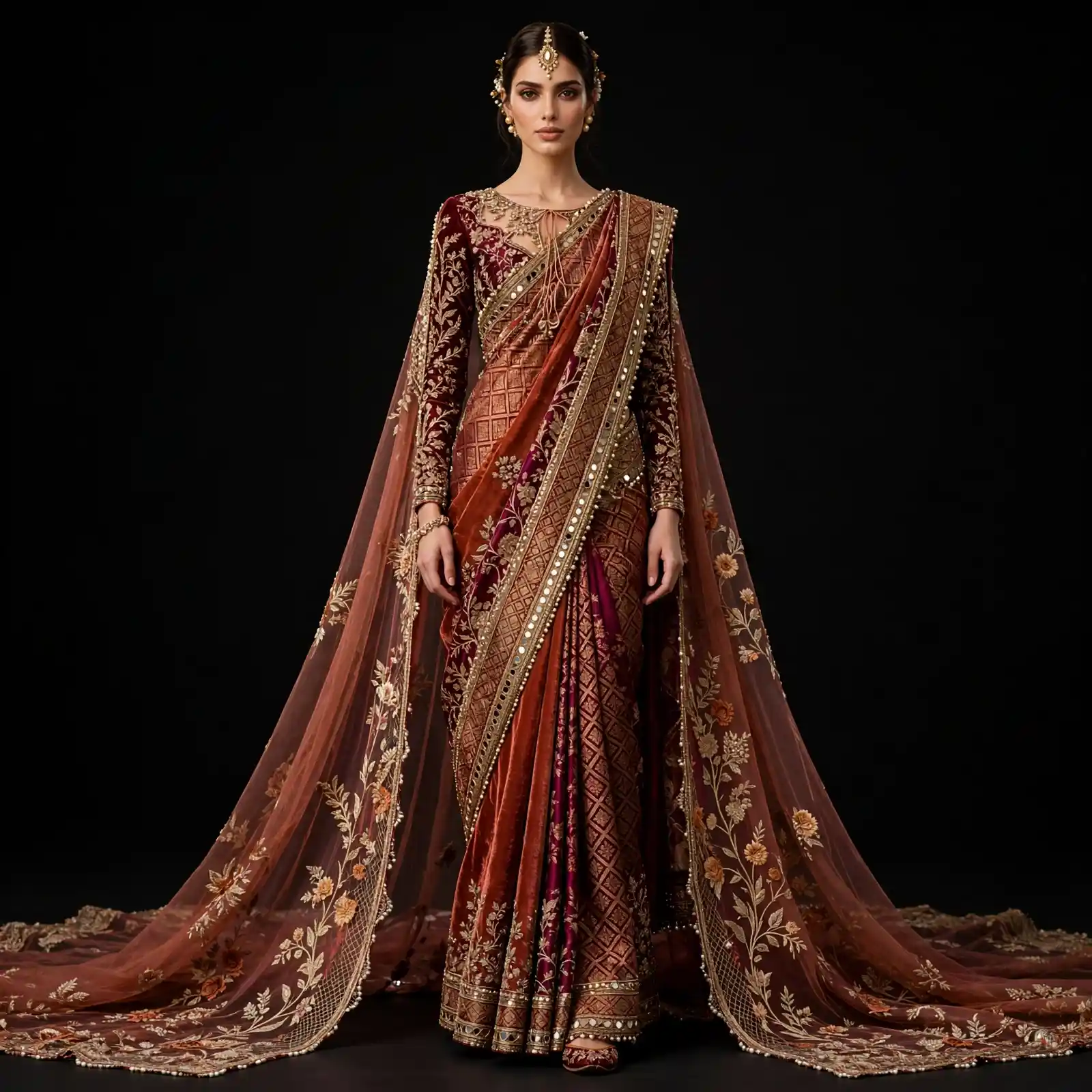 ExpensiveE Burgundy Rust Mirror Floral Dual Cape Bridal Saree