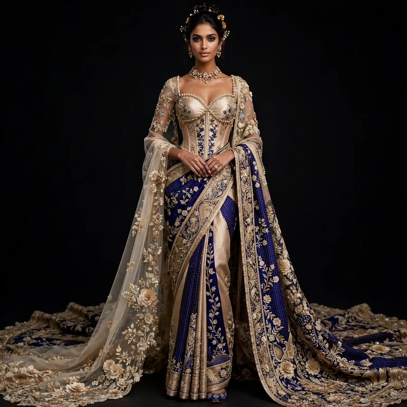 ExpensiveE Royal Blue Gold Ivory Corset Floral Bridal Saree