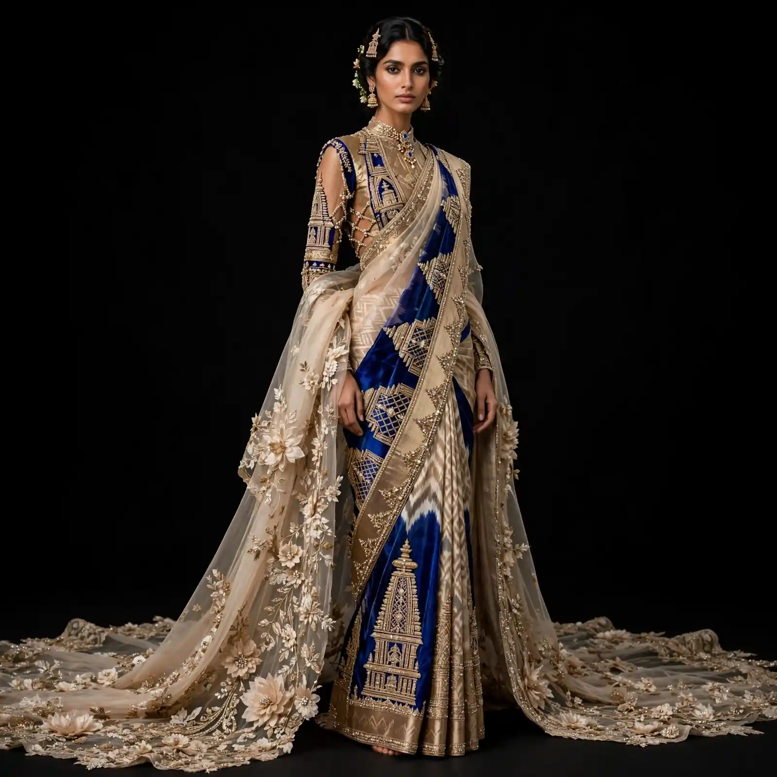 ExpensiveE Royal Blue Ivory Gold Temple Ikat Bridal Saree with Floral Cape