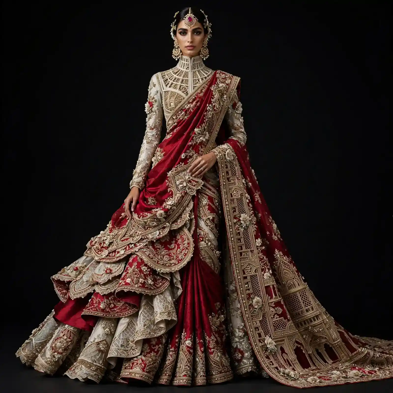 ExpensiveE Ruby Red Ivory Temple Gopuram Palace Tower Ruffled Bridal Saree with Castle Pallu