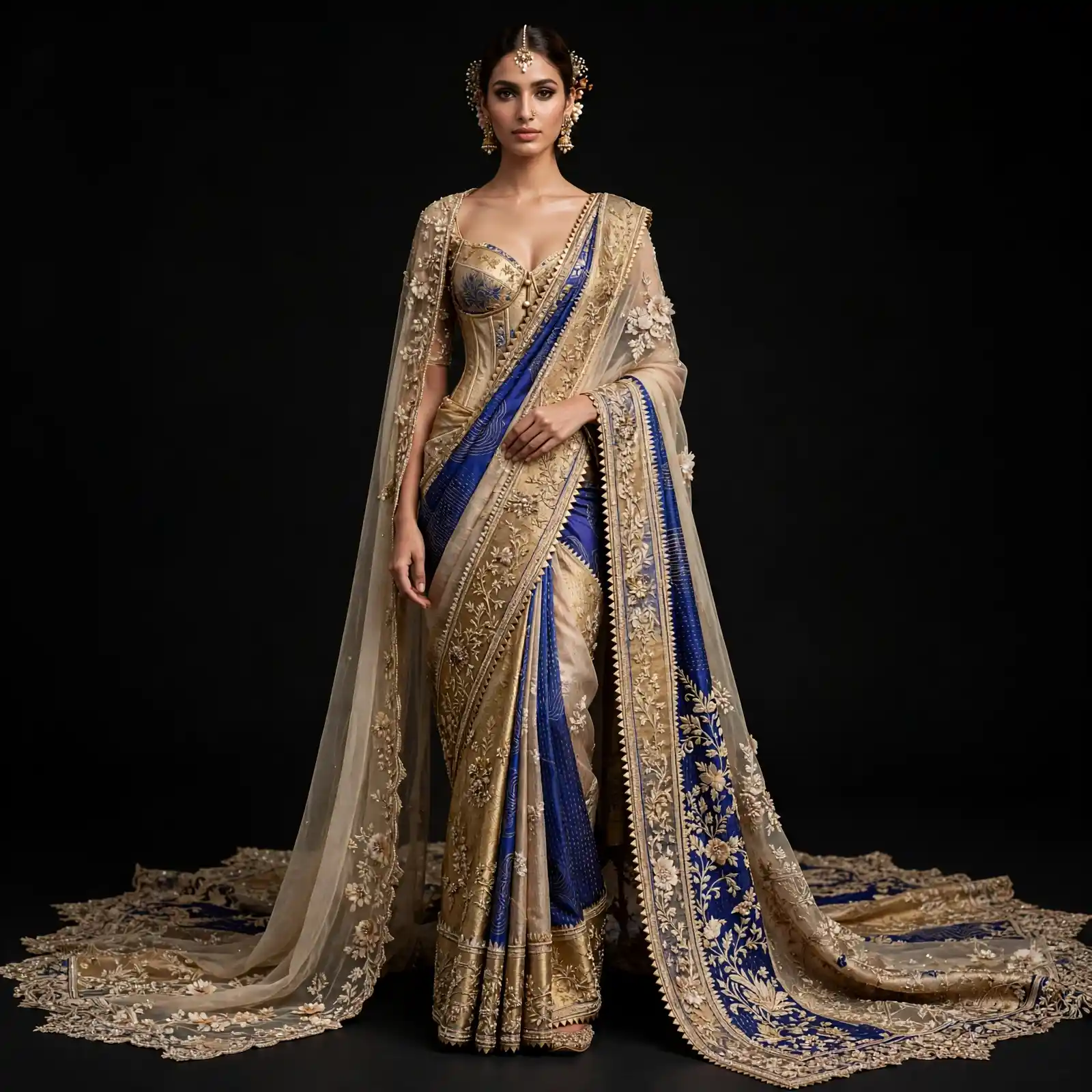 ExpensiveE Royal Blue Beige Gold Corset Lotus Embroidered Mermaid Bridal Saree with Double Cathedral Veil